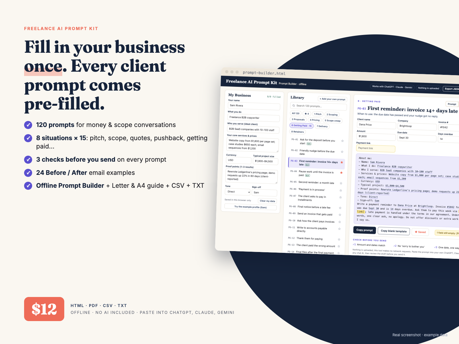 Freelance AI Prompt Kit cover: offline Prompt Builder, 120 prompts, 8 situations x 15, 3 checks per prompt, 24 Before / After examples, $12