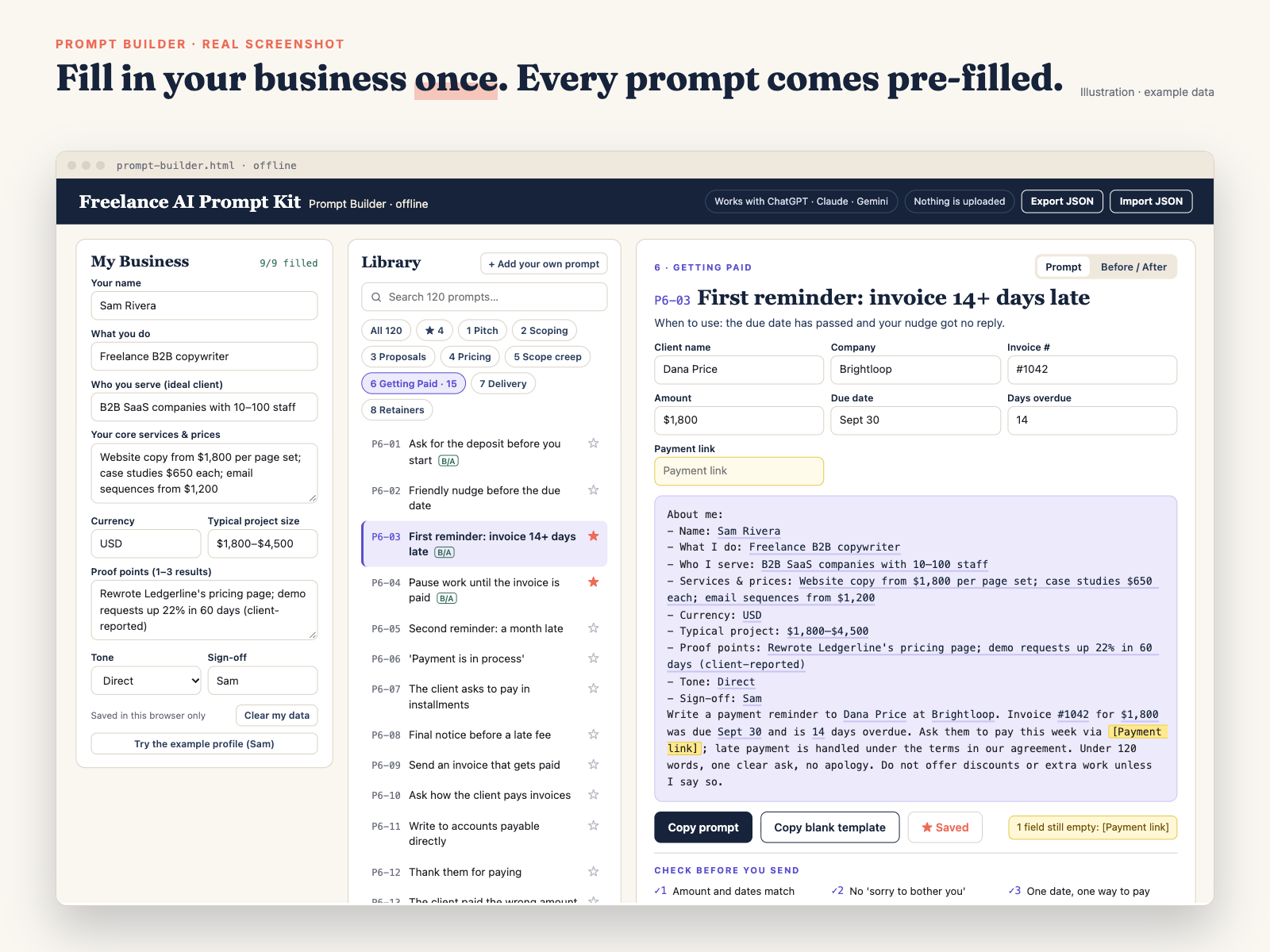 Prompt Builder with a filled-in profile and a pre-filled prompt ready to copy