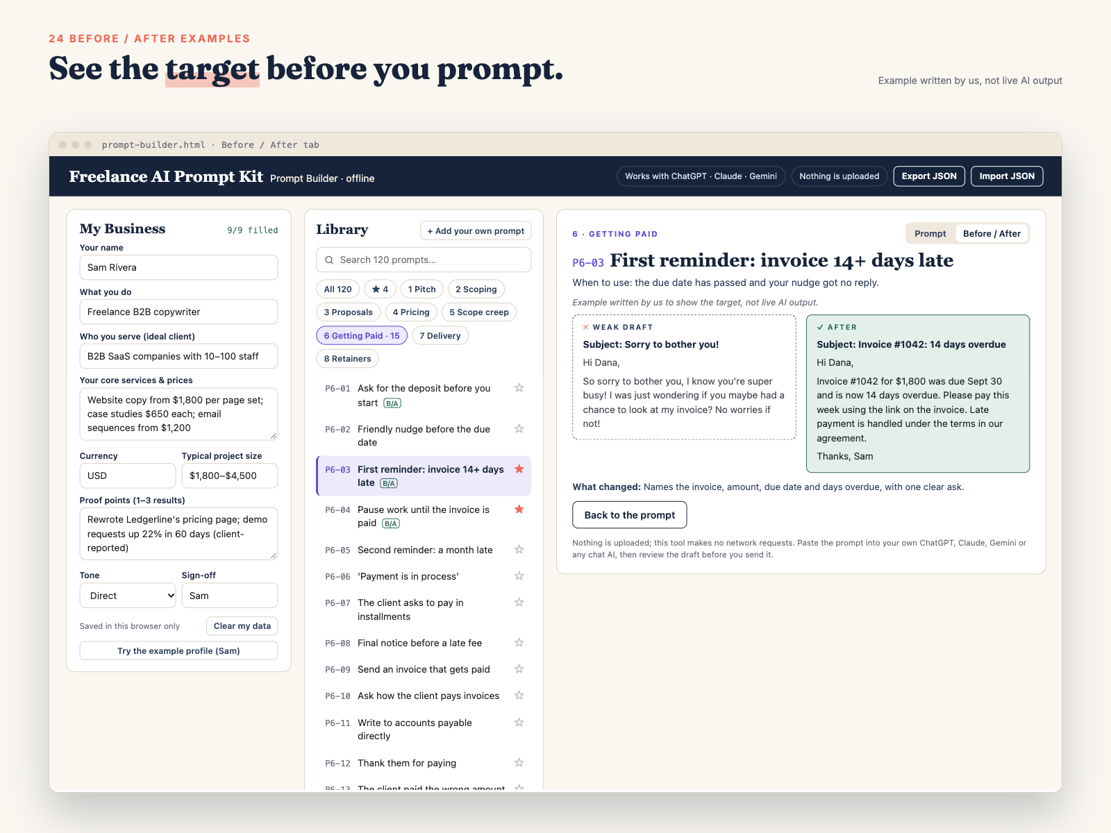 Before / After tab: weak late-invoice draft next to the improved version