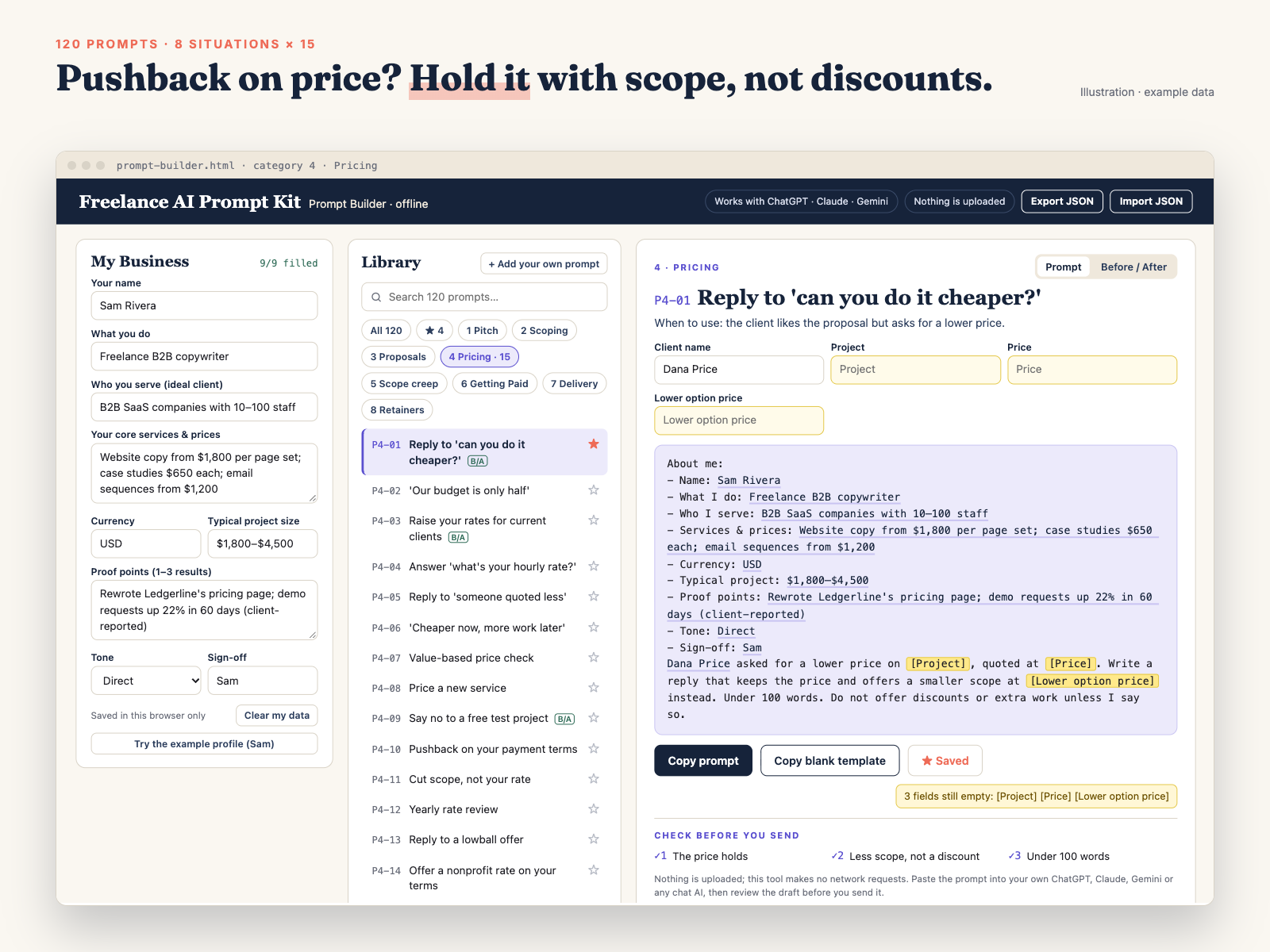 Builder showing the Pricing category: 15 prompts, P4-01 pre-filled, empty fields in yellow, 3 checks