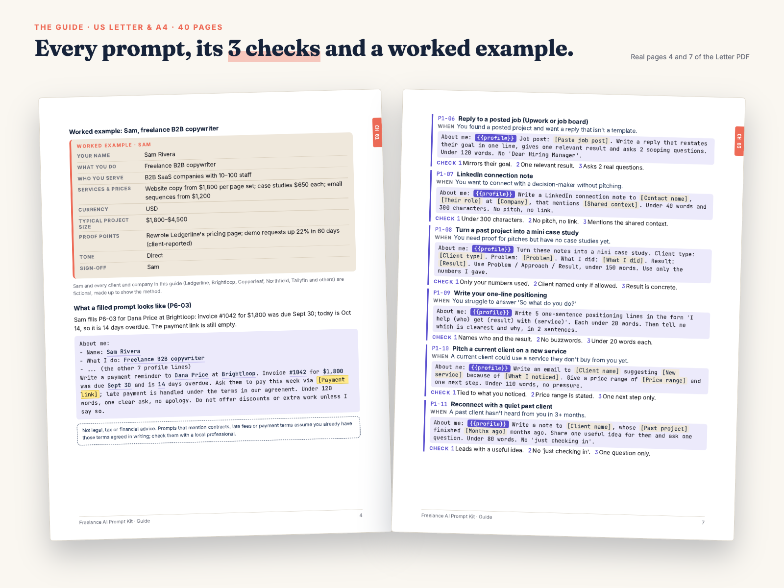Guide pages 4 and 7: worked example and prompts with their 3 checks