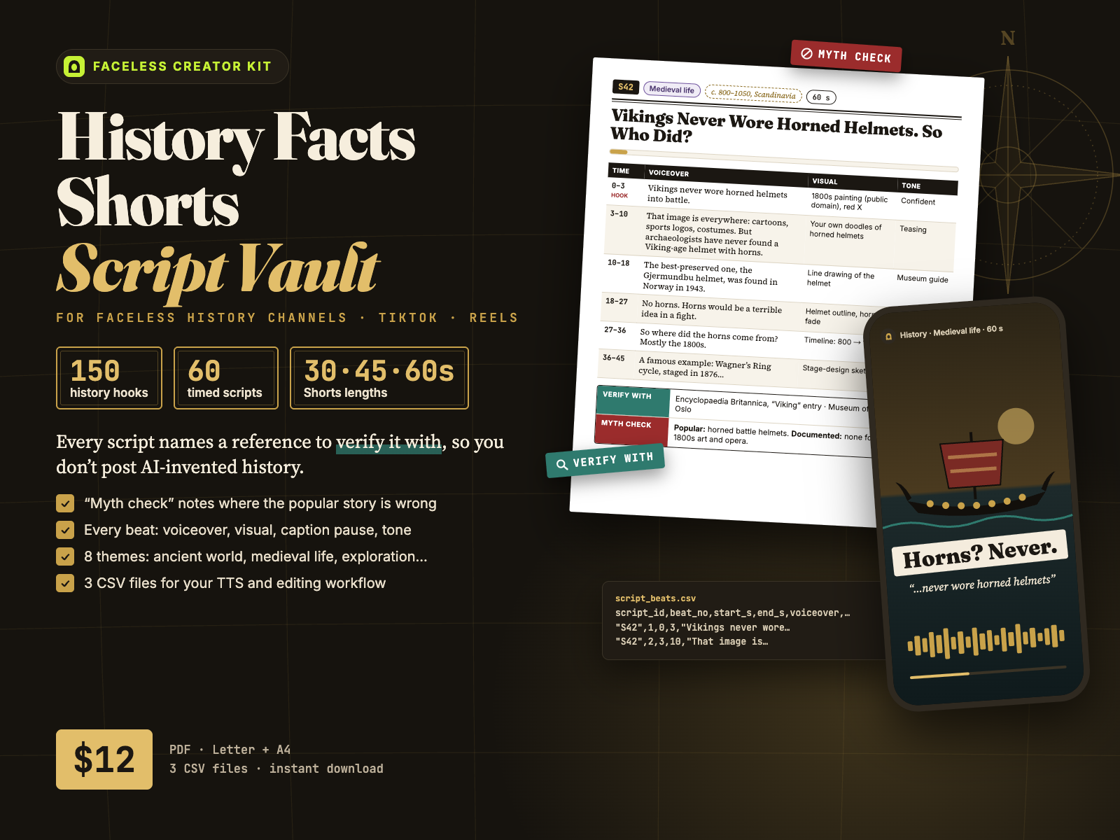 History Facts Shorts Script Vault cover: 150 history hooks, 60 timed scripts, 30, 45 and 60-second lengths, Verify with and Myth check lines, PDF Letter + A4, 3 CSV files