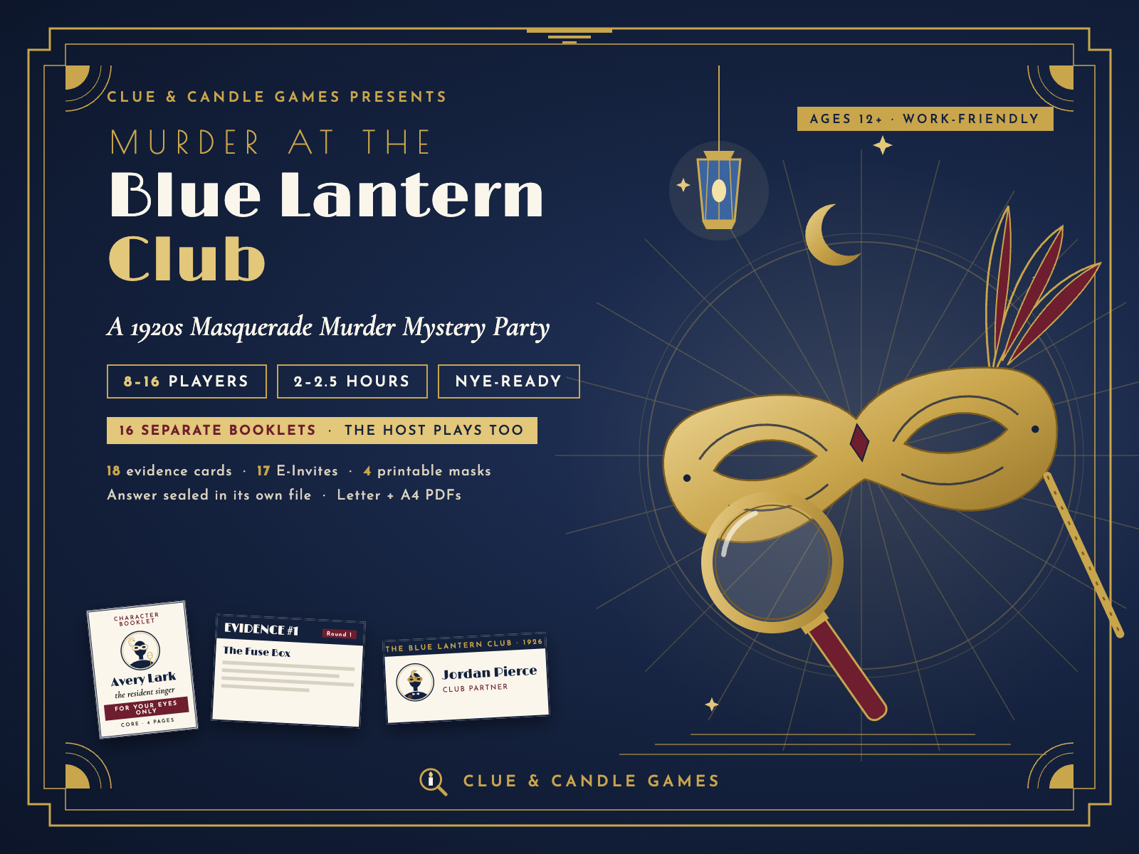 Murder at the Blue Lantern Club cover: 1920s masquerade murder mystery party, 8-16 players, 2-2.5 hours, 16 separate booklets
