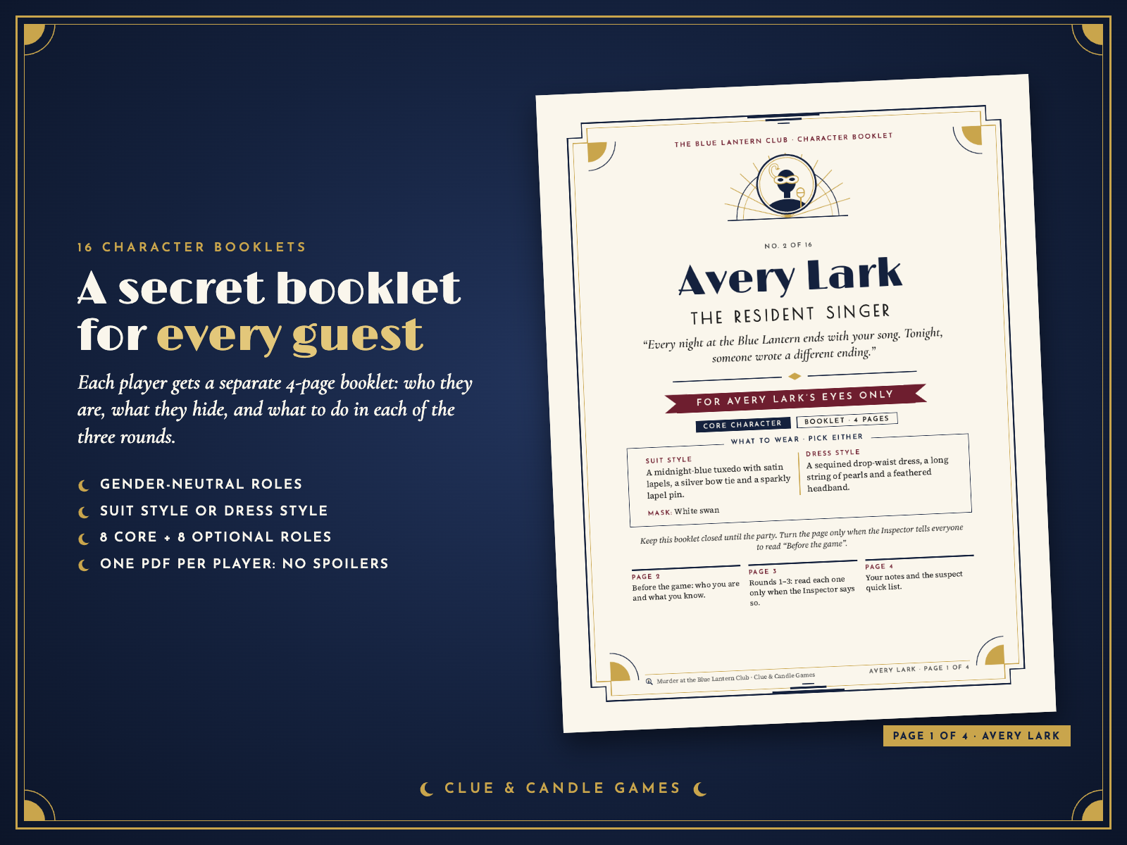 Avery Lark's character booklet, page 1: role, costume ideas in suit style or dress style, mask