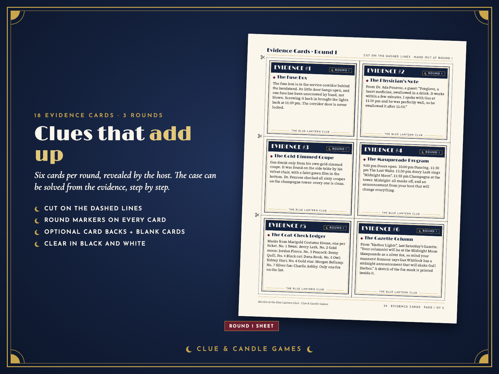 Evidence cards, Round 1 sheet: six real cards with cut lines