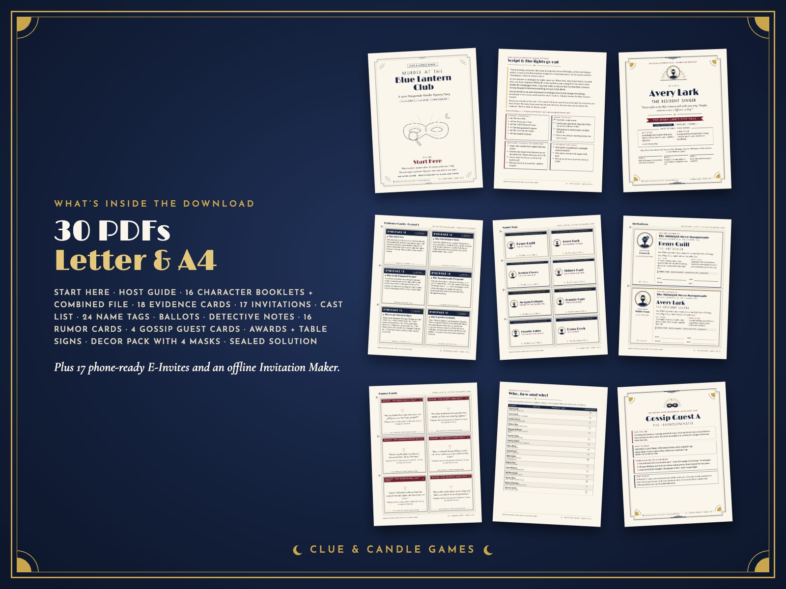 What's inside the download: 30 PDFs in Letter and A4, shown as real pages, plus 17 E-Invites and the Invitation Maker