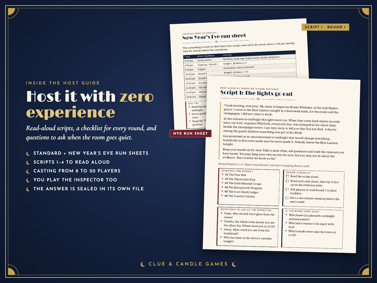 Host Guide: New Year's Eve run sheet and Script 1 with round checklist and questions to ask