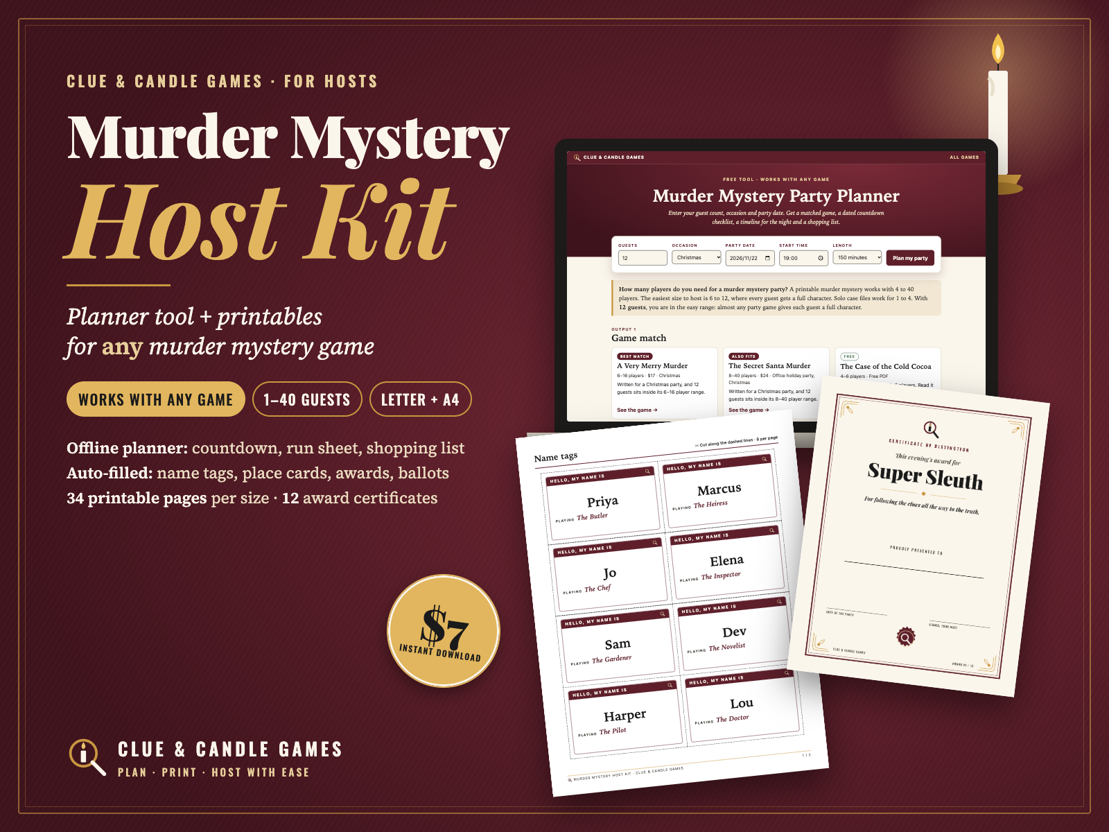 Murder Mystery Host Kit cover: offline planner screen, auto-filled name tags and a Super Sleuth award certificate; works with any game, 1 to 40 guests, Letter and A4