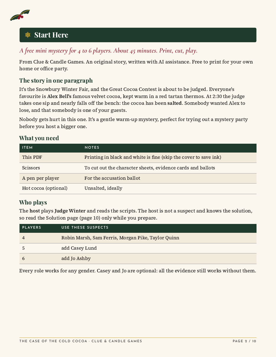 Start Here page of the free mini mystery
