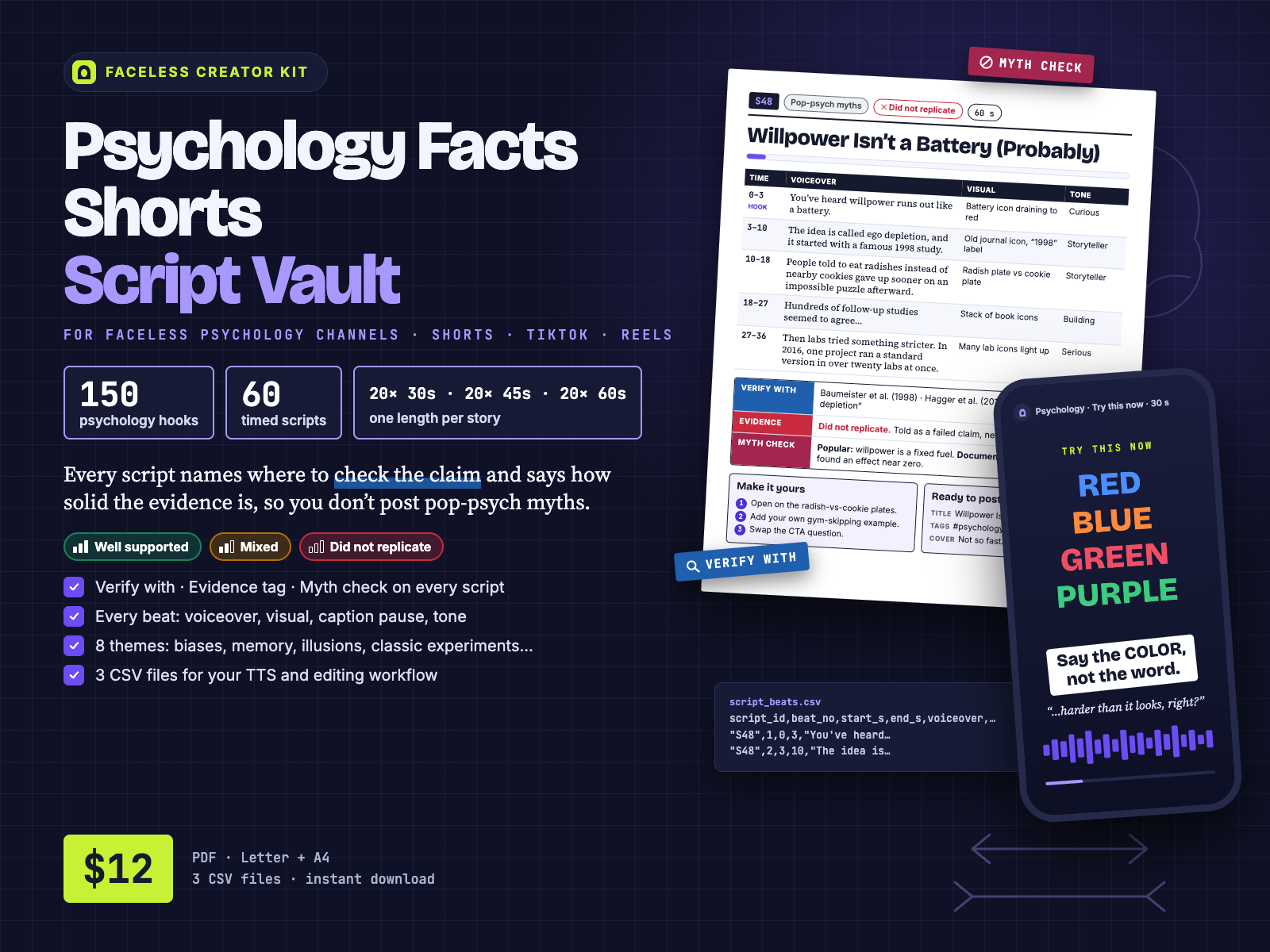 Psychology Facts Shorts Script Vault cover: 150 psychology hooks, 60 timed scripts, 30, 45 and 60-second lengths, Evidence tags, Verify with and Myth check lines, PDF Letter + A4, 3 CSV files