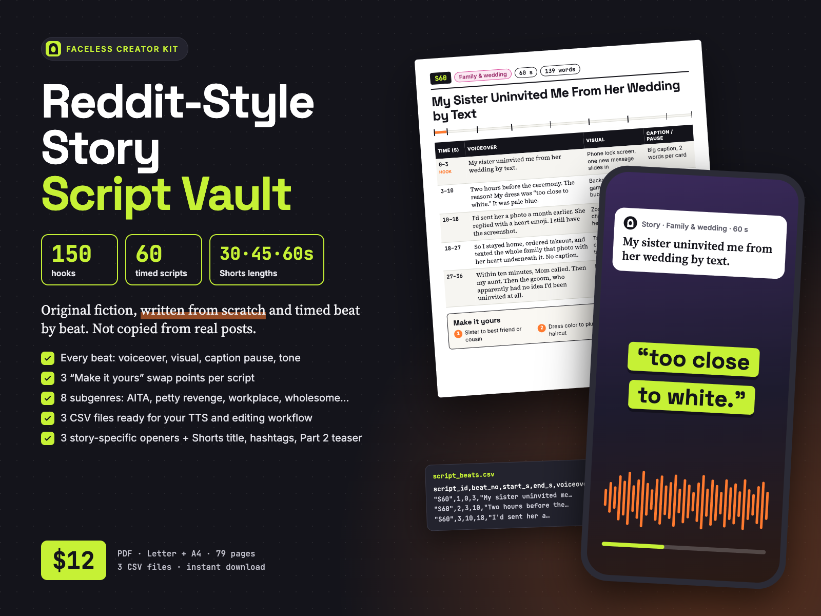 Reddit-Style Story Script Vault cover: 150 hooks, 60 timed scripts, 30, 45 and 60-second lengths, PDF Letter + A4, 3 CSV files