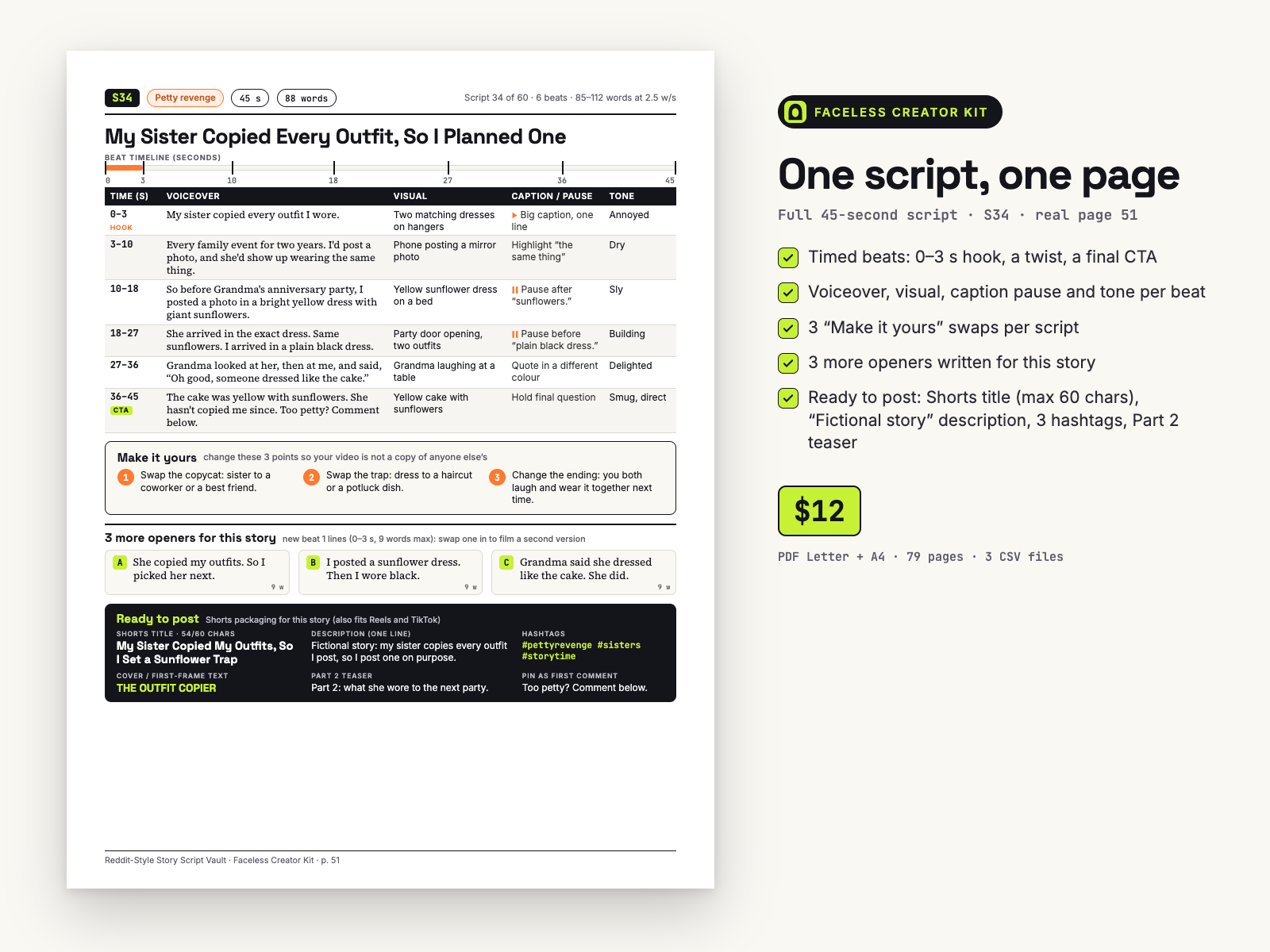 Real PDF page 51: full 45-second script S34 with beat table, Make it yours box, 3 openers and Ready to post box