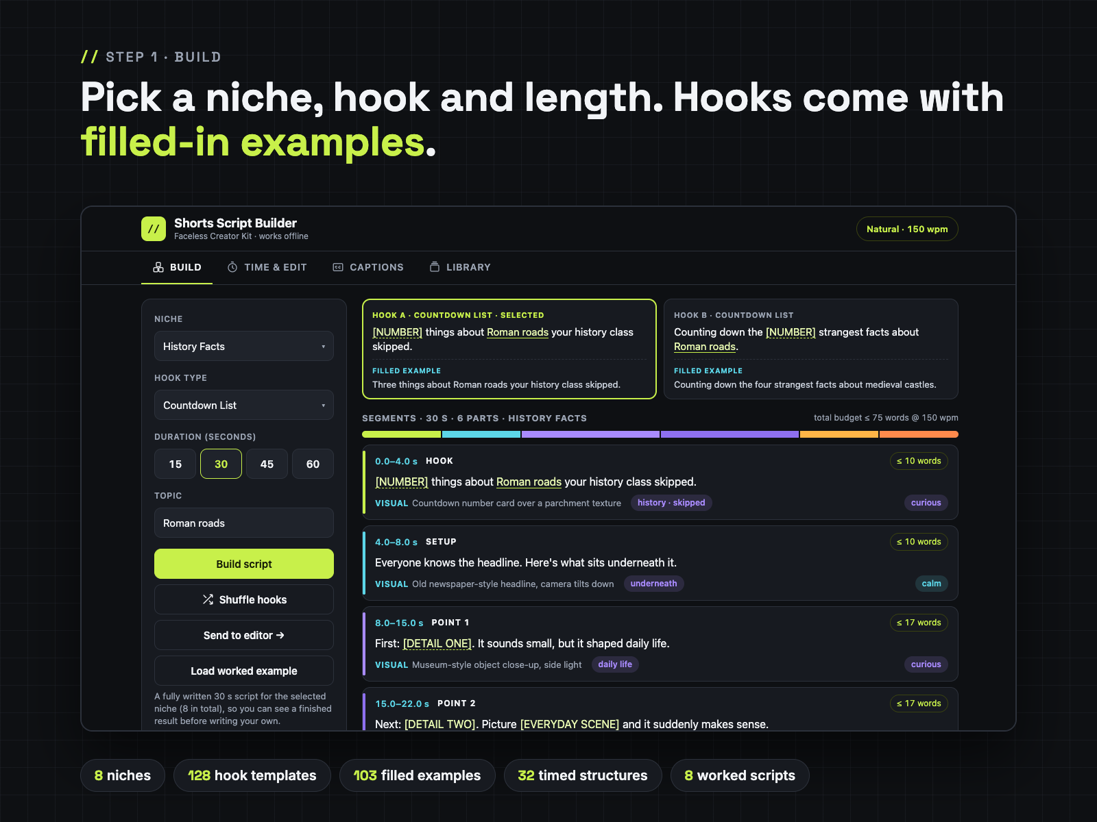 Build tab: niche, hook type and length, two hook templates with filled examples, timed segments with word budgets