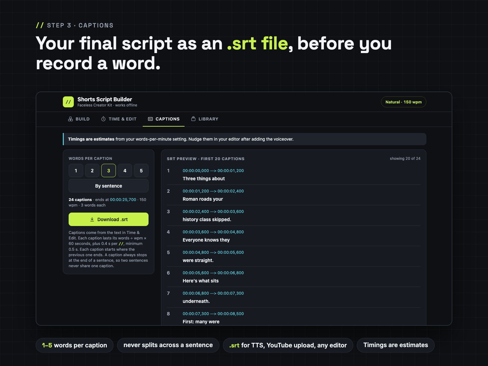 Captions tab: SRT preview with timecodes, captions never cross sentences