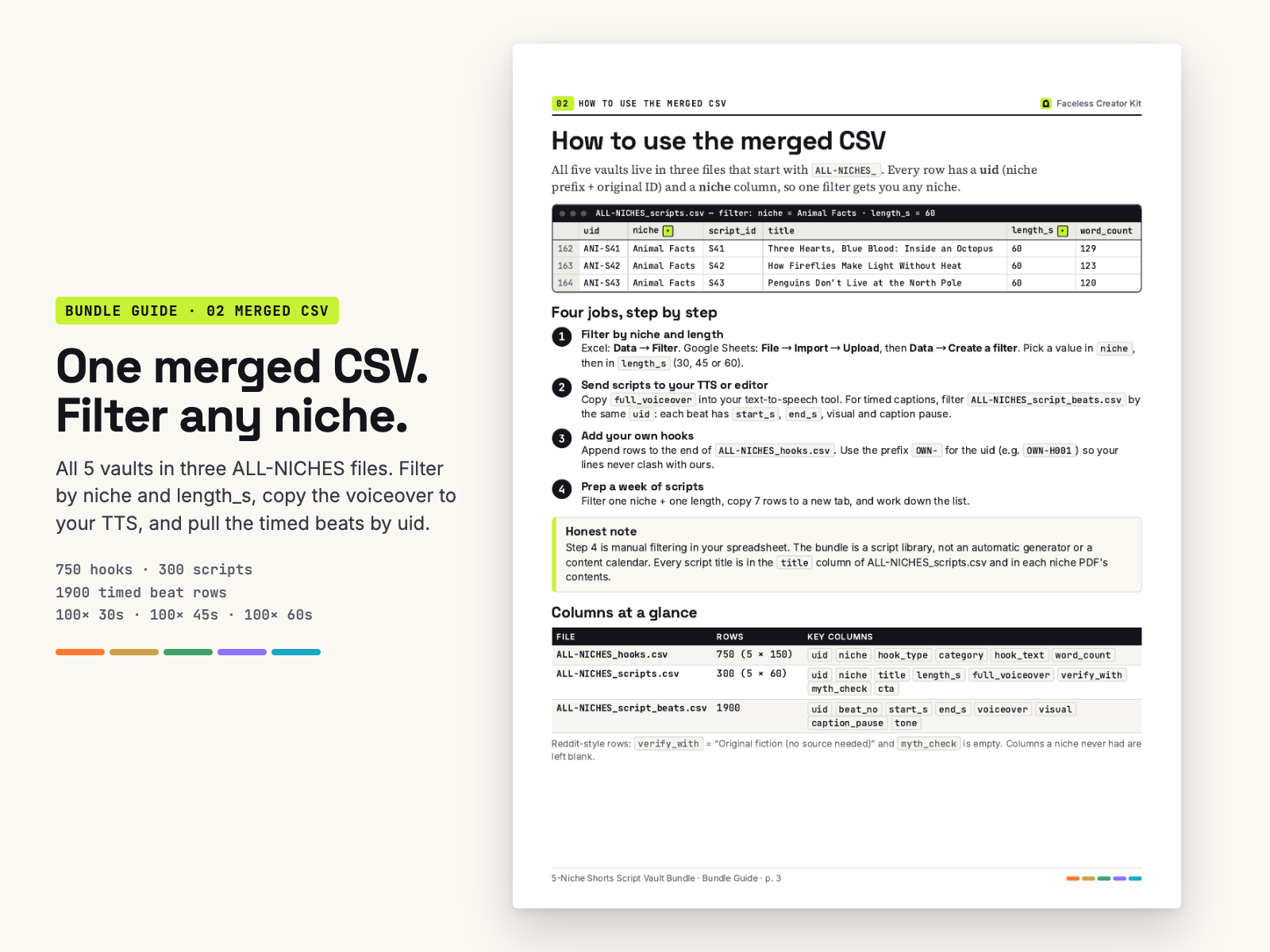 Bundle Guide page 3: how to use the merged CSV, filter by niche and length, send scripts to TTS, add own hooks, columns at a glance