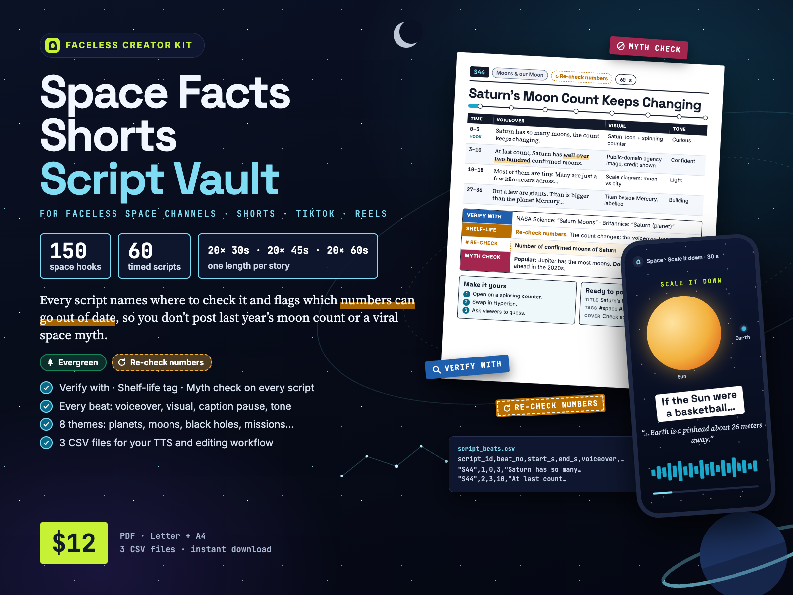 Space Facts Shorts Script Vault cover: 150 space hooks, 60 timed scripts, 30, 45 and 60-second lengths, Verify with, Shelf-life and Myth check lines, PDF Letter + A4, 3 CSV files
