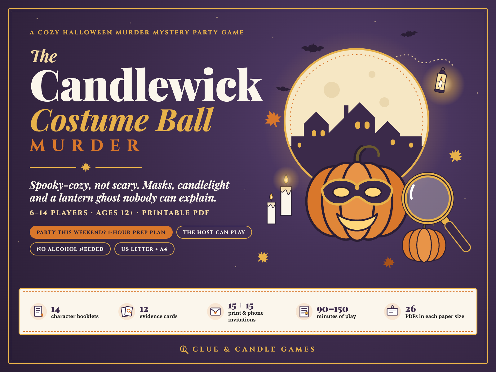 The Candlewick Costume Ball Murder cover: cozy Halloween murder mystery party game, 6 to 14 players, ages 12+, 90 to 150 minutes, US Letter and A4