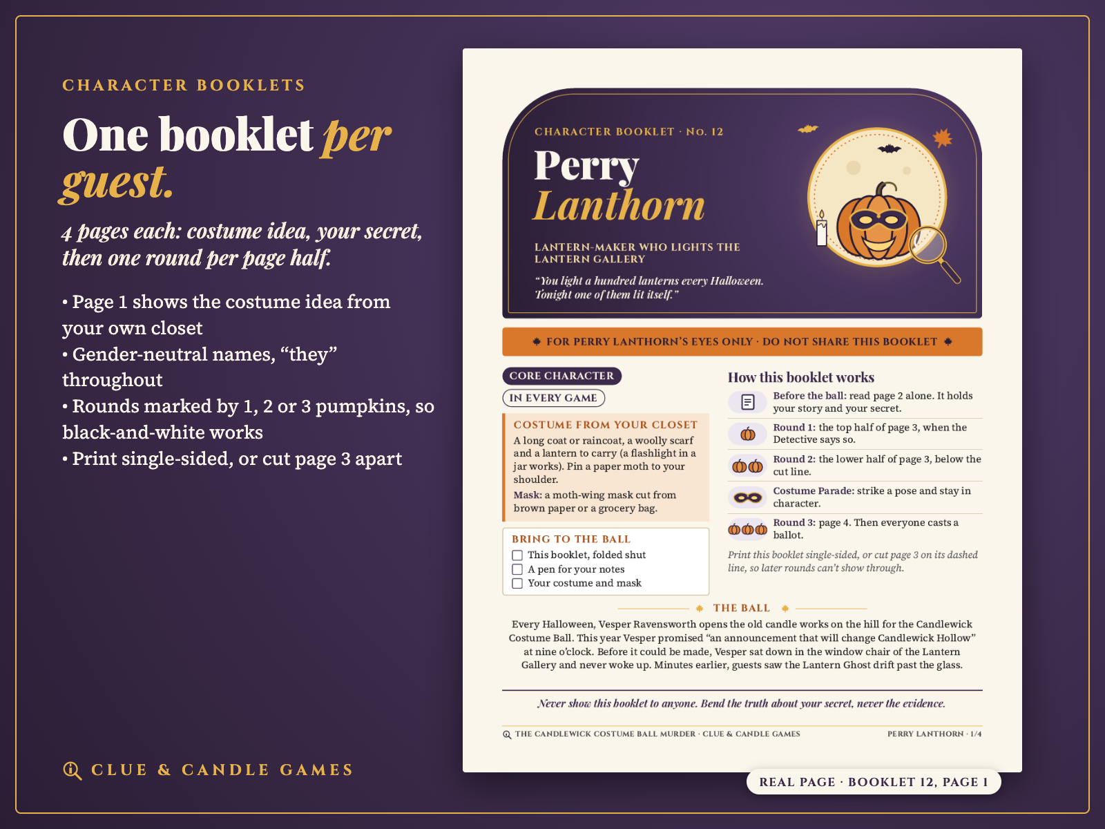 Real booklet page: Perry Lanthorn page 1 with costume from your closet and how the booklet works