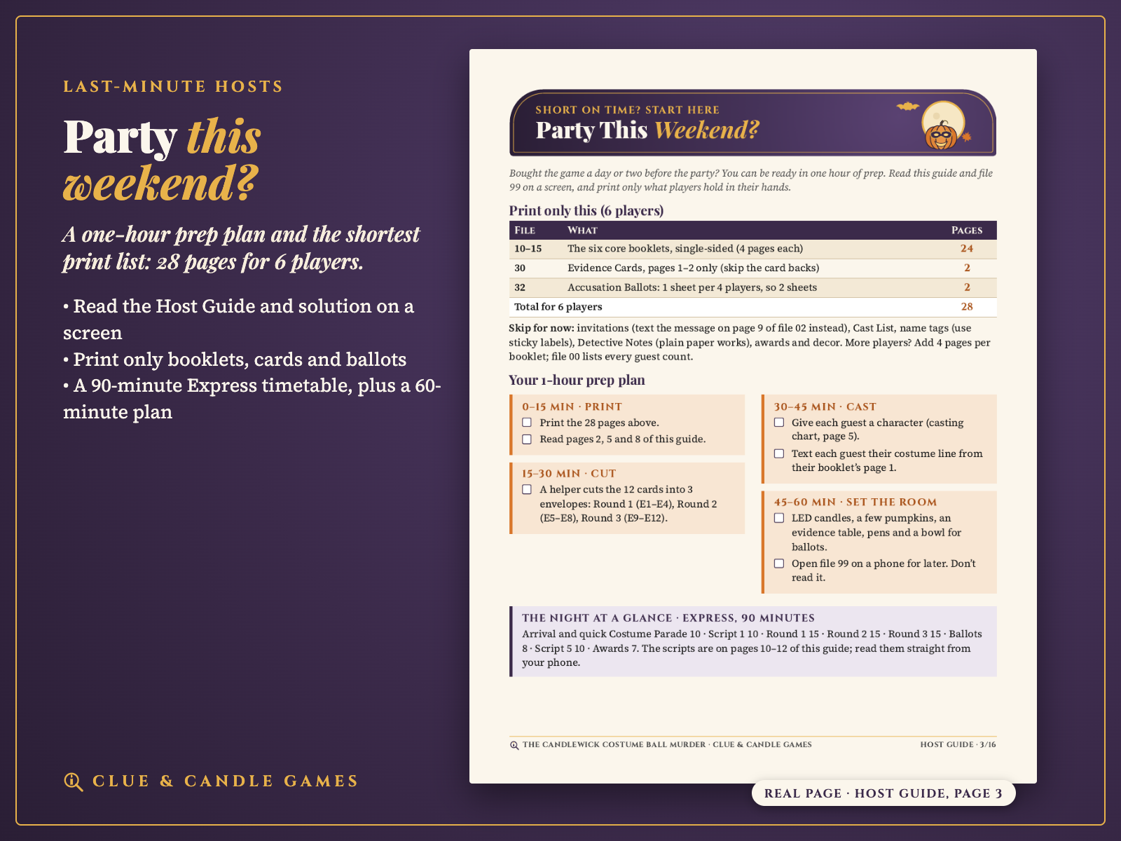 Real Host Guide page 3: Party This Weekend? 28-page print list and 1-hour prep plan