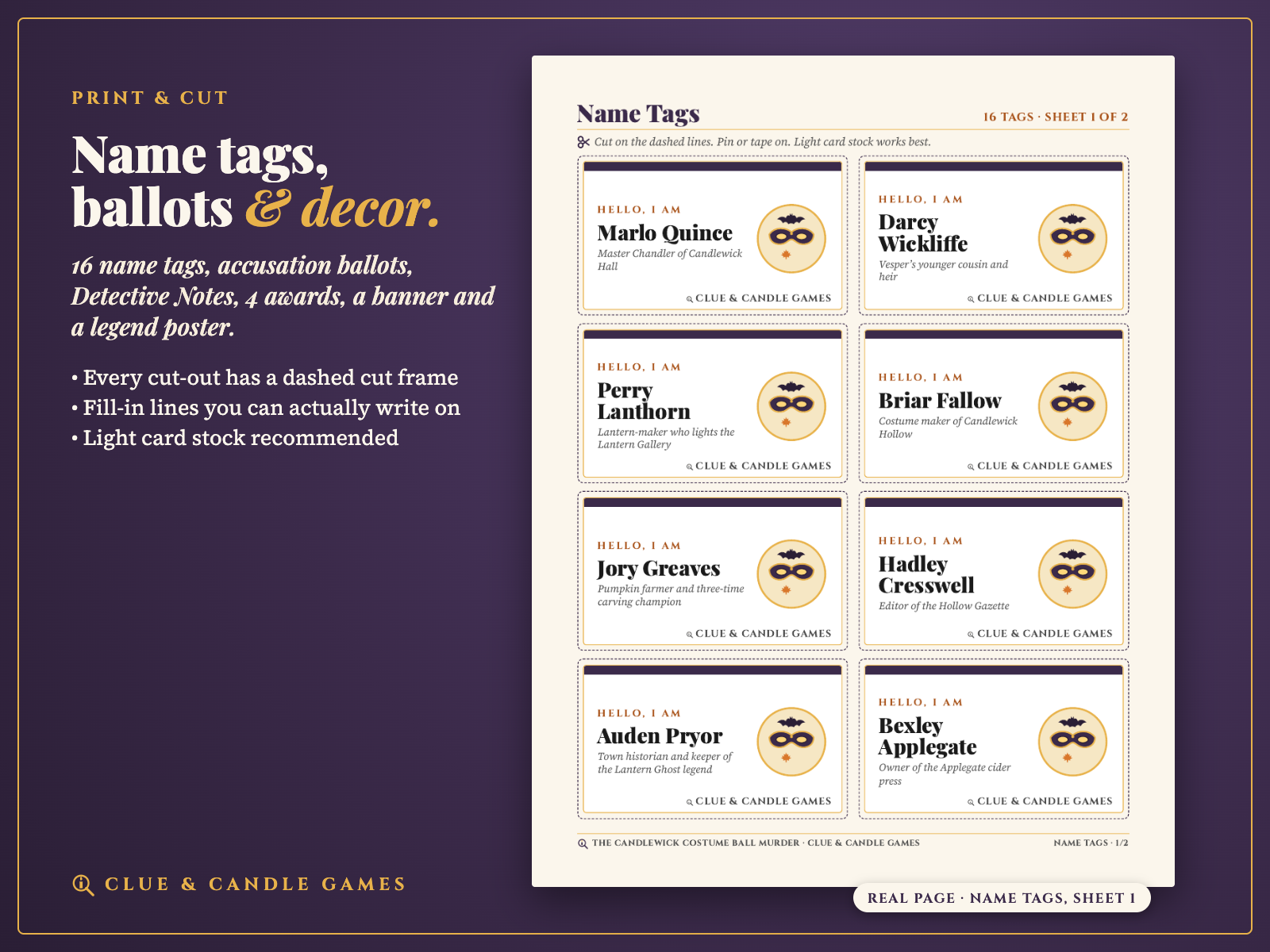 Real name tags sheet: 8 of 16 name tags with dashed cut lines