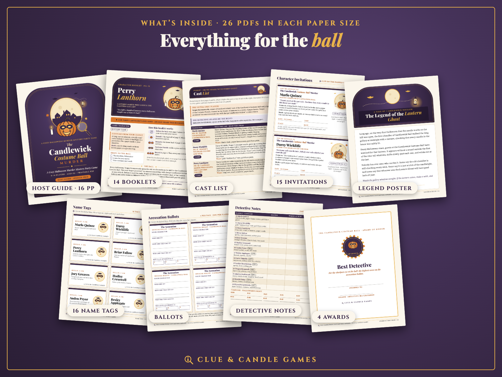 What's inside: real pages from the 26 files, including Host Guide, 14 booklets, Cast List, 15 invitations, legend poster, name tags, ballots, Detective Notes and awards