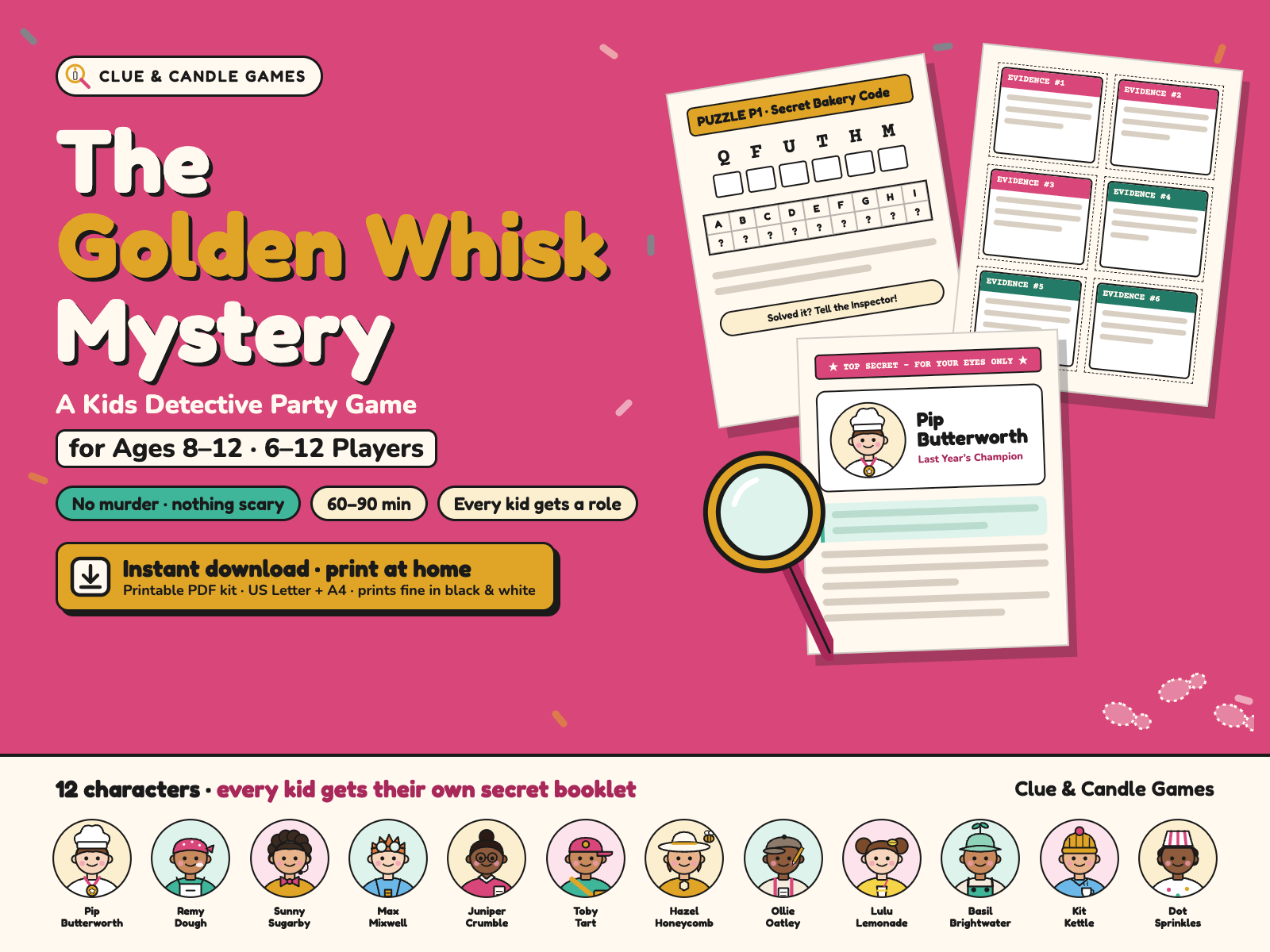 The Golden Whisk Mystery cover: kids detective party game, ages 8 to 12, 6 to 12 players, 60 to 90 minutes, no murder