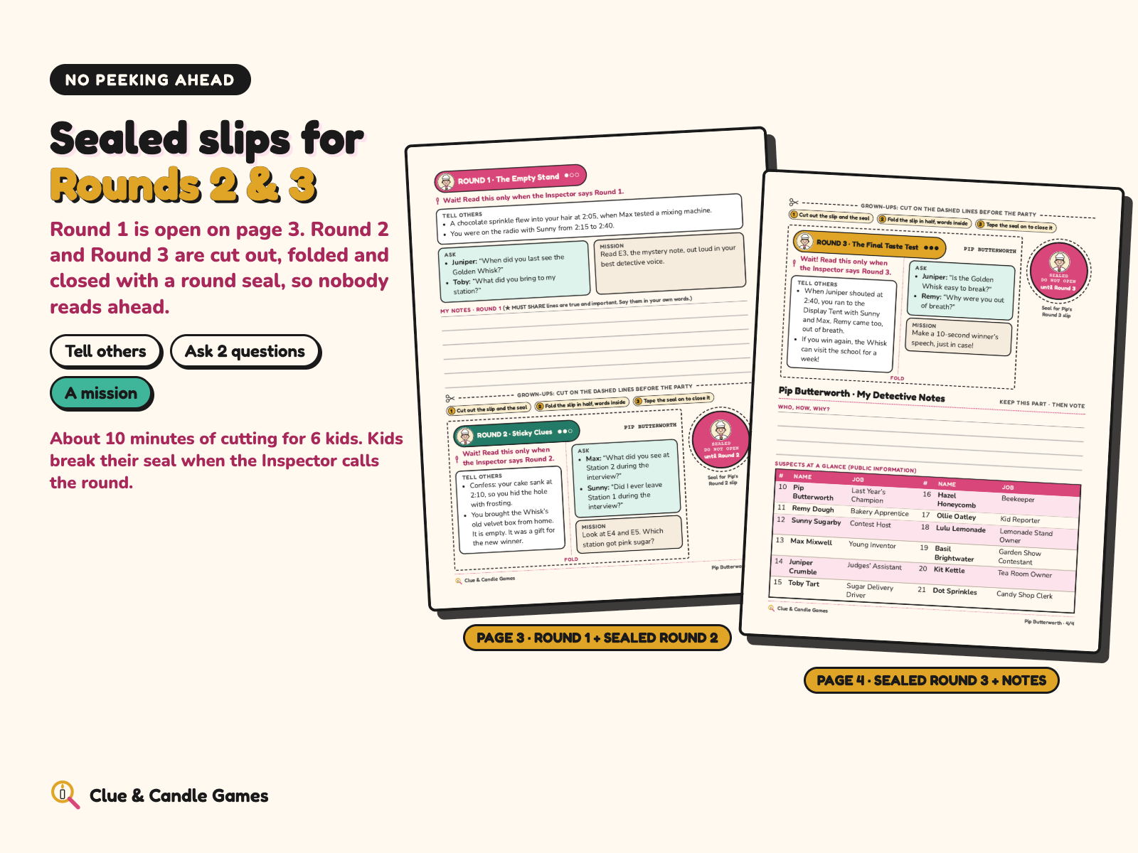 Real pages: booklet page 3 with Round 1 and the sealed Round 2 slip, page 4 with the sealed Round 3 slip and notes