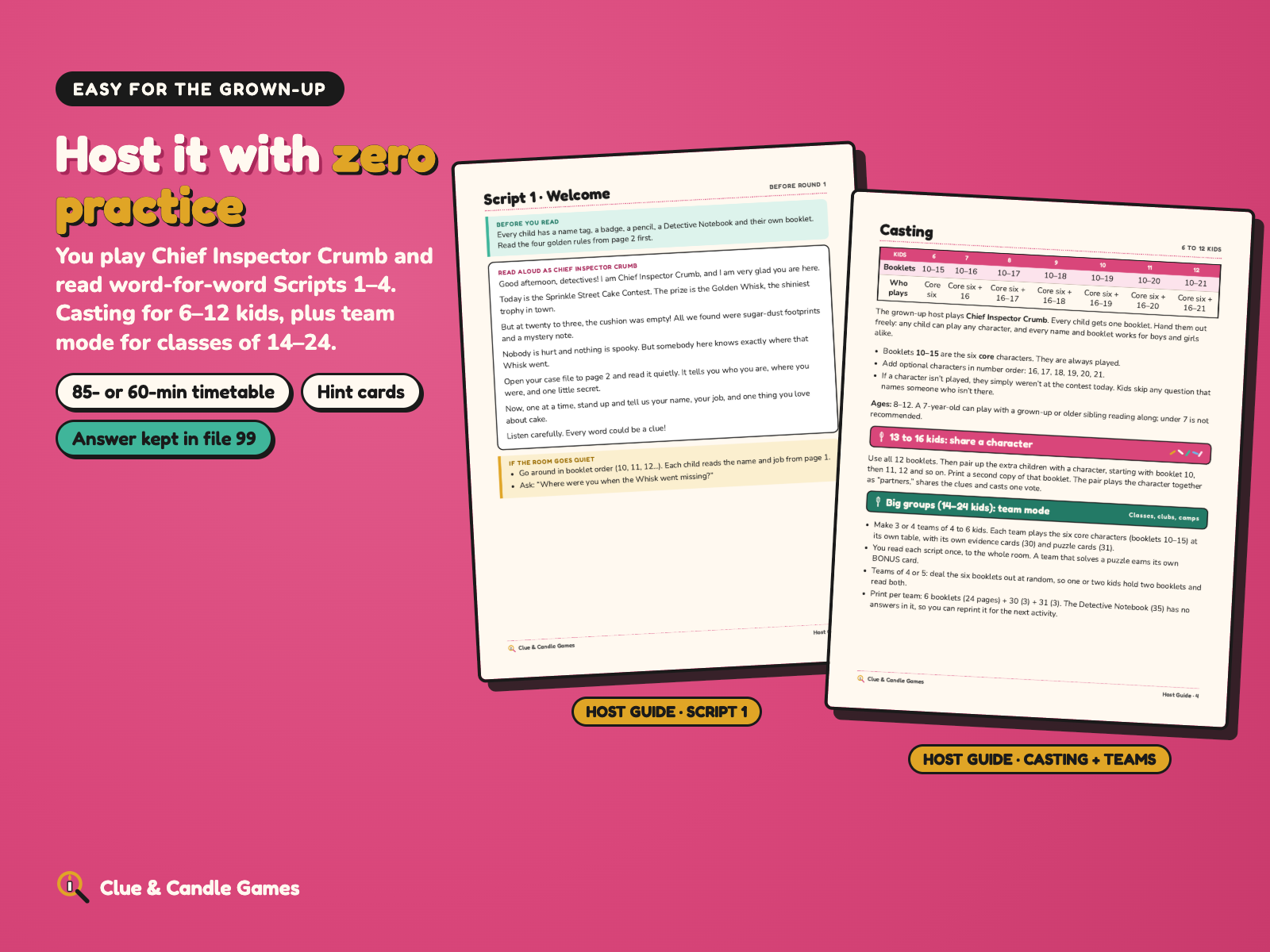 Real pages from the Host Guide: Script 1 read-aloud and the casting and team mode page