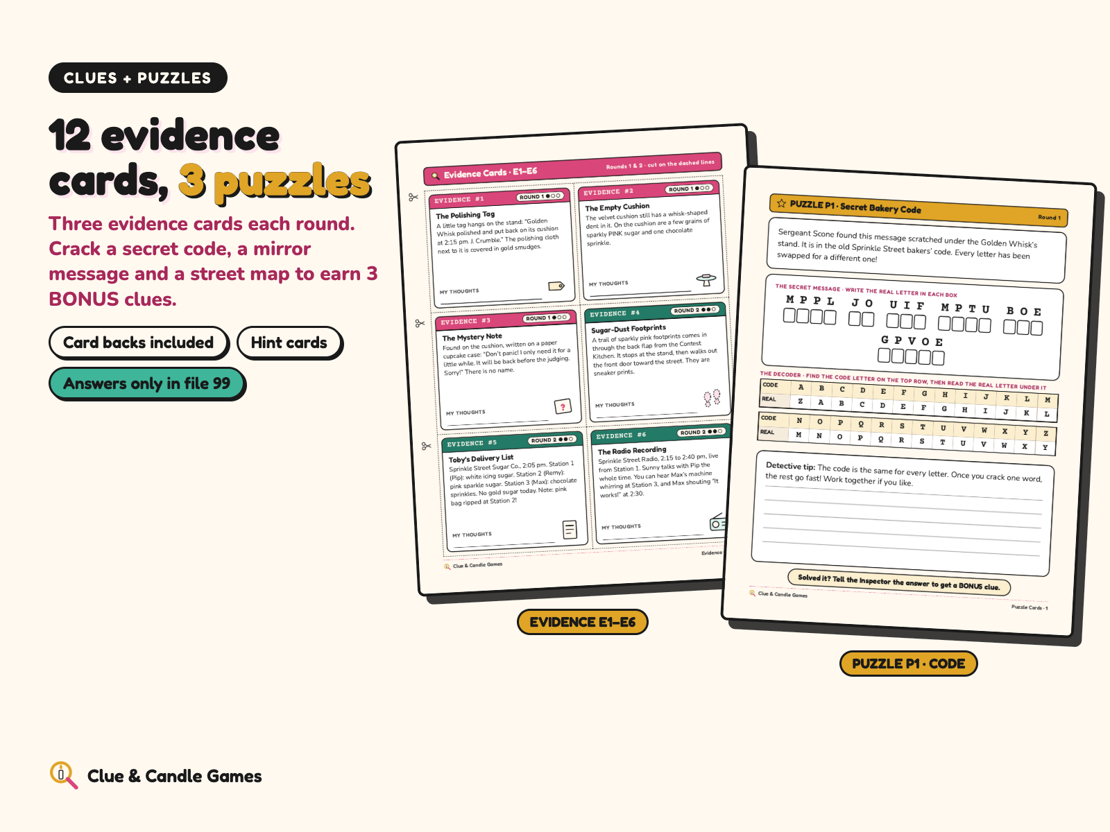 Real pages: evidence cards E1 to E6 and puzzle card P1, the secret code