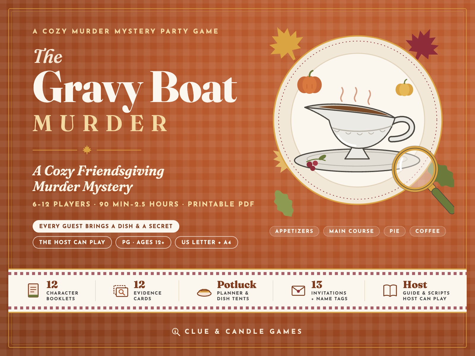 The Gravy Boat Murder cover: cozy Friendsgiving murder mystery, 6 to 12 players, 90 minutes to 2.5 hours, US Letter and A4