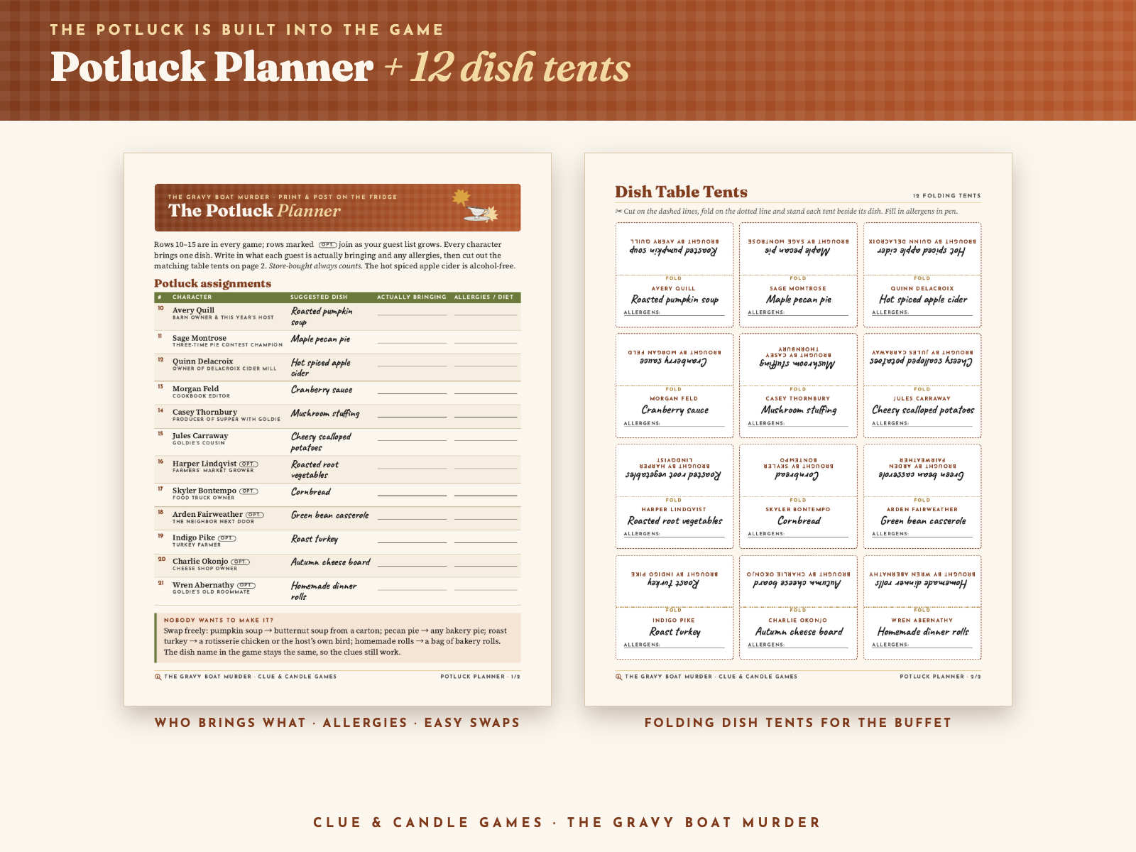 Real Potluck Planner page and 12 folding dish table tents