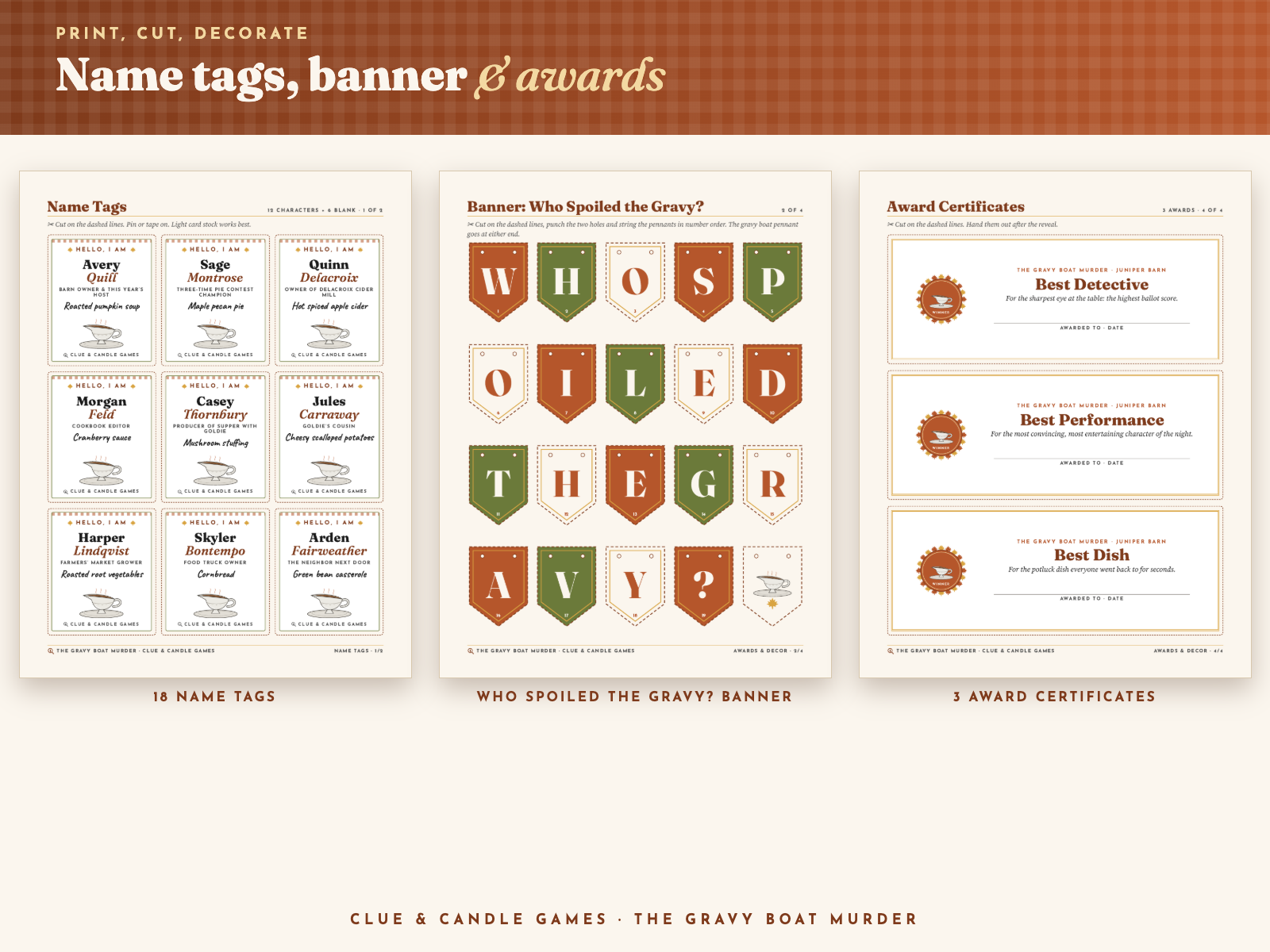 Real pages: name tags, WHO SPOILED THE GRAVY banner and award certificates
