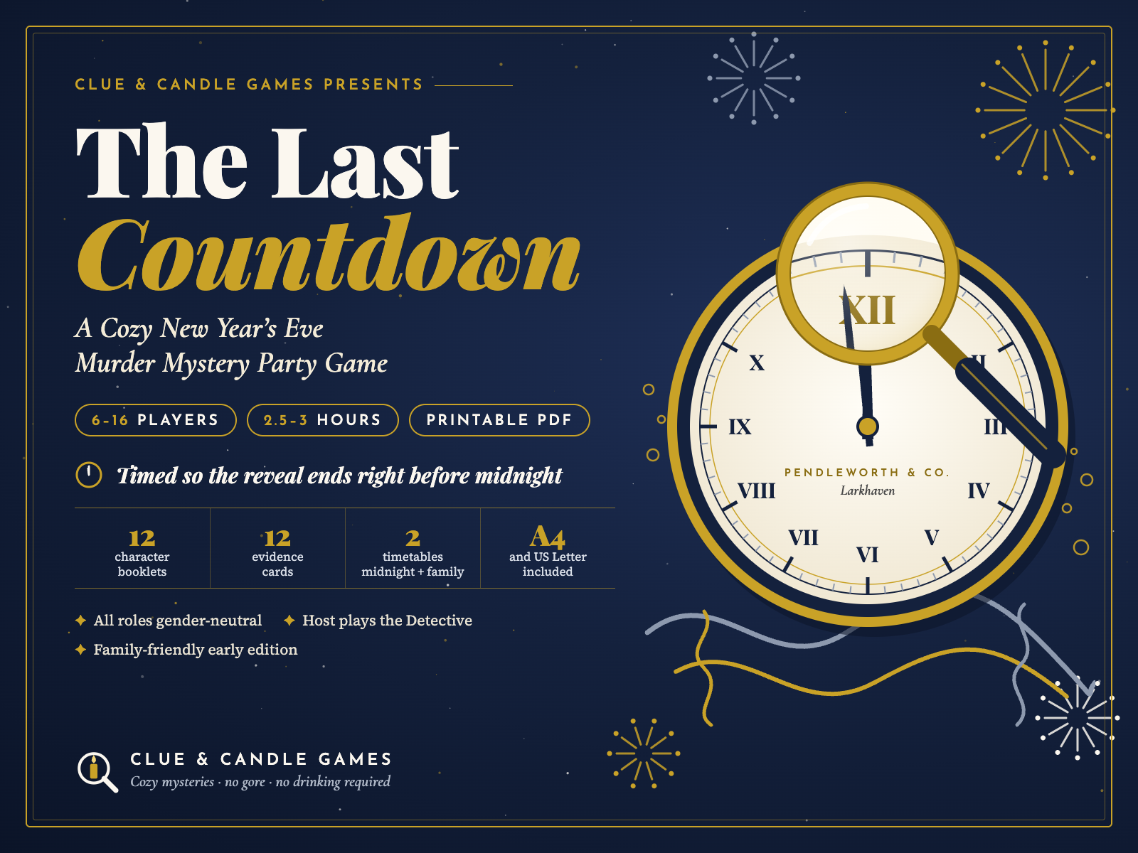 The Last Countdown cover: cozy New Year's Eve murder mystery party game, 6 to 16 players, 2.5 to 3 hours