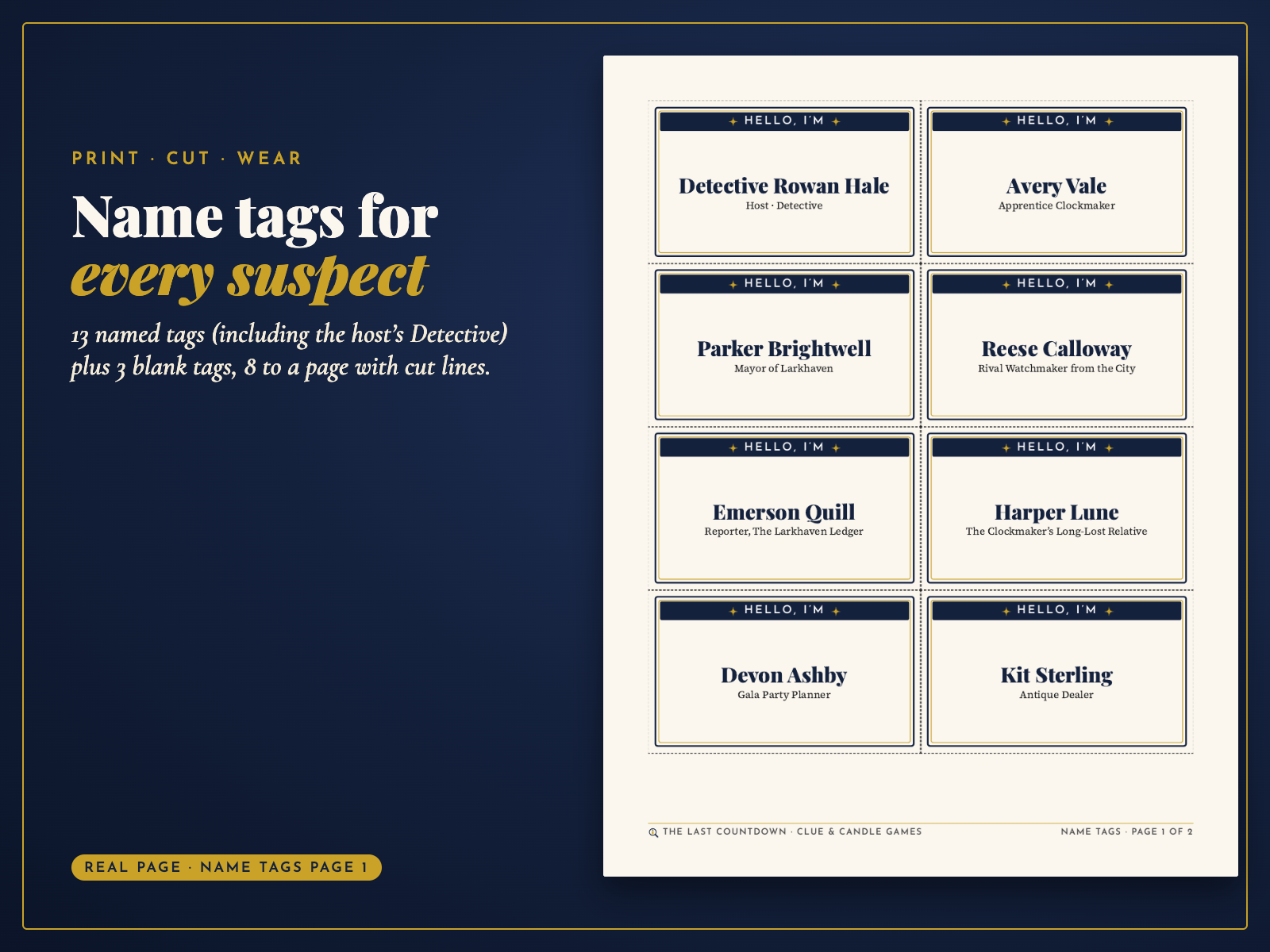 Real page: name tags page 1 with the Detective and seven suspects