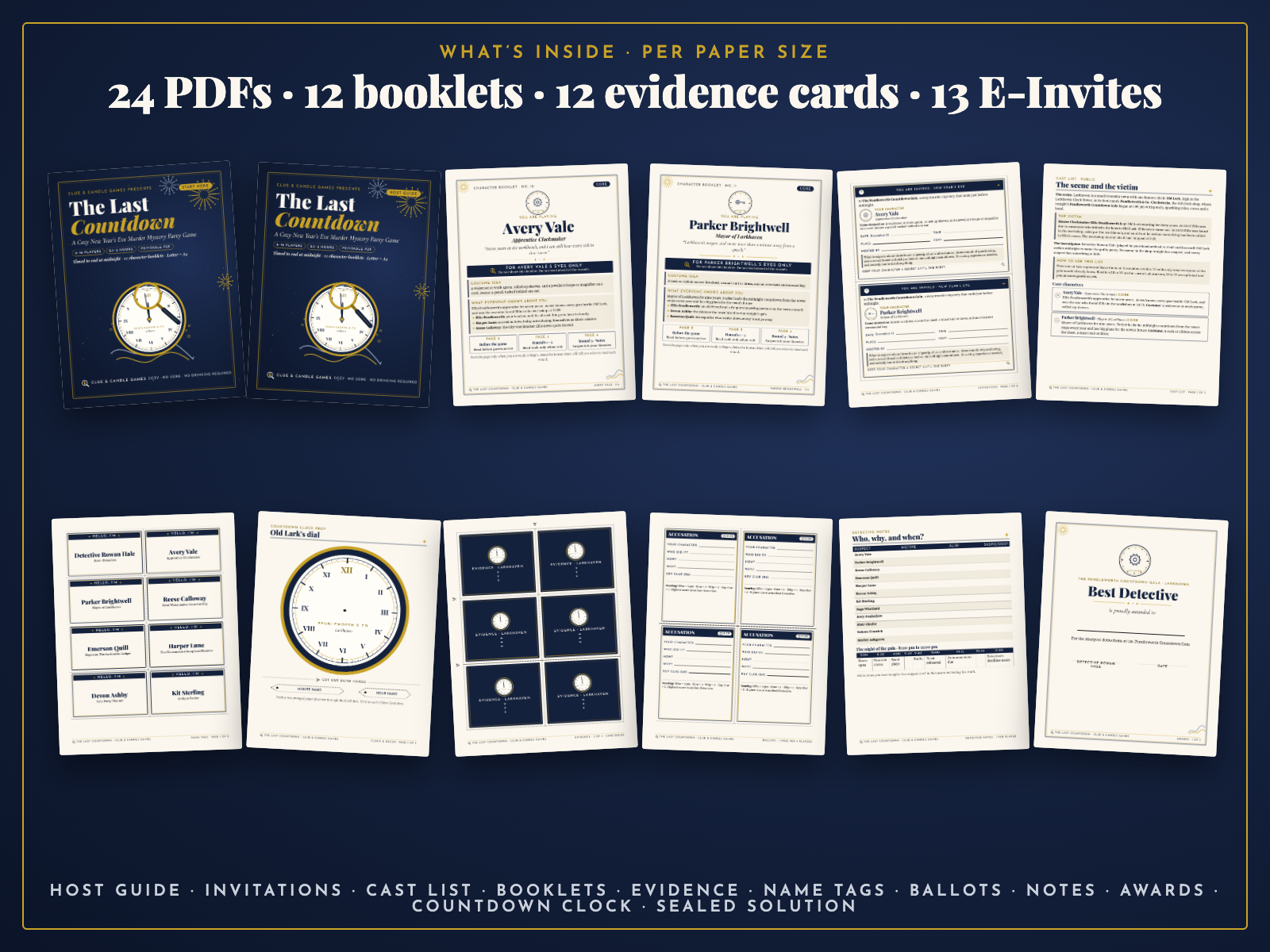 What's inside per paper size: 24 PDFs, 12 booklets, 12 evidence cards, 13 E-Invites; real thumbnails of covers, booklets, invitations, cast list, name tags, countdown clock prop, evidence card backs, ballots, detective notes and Best Detective award