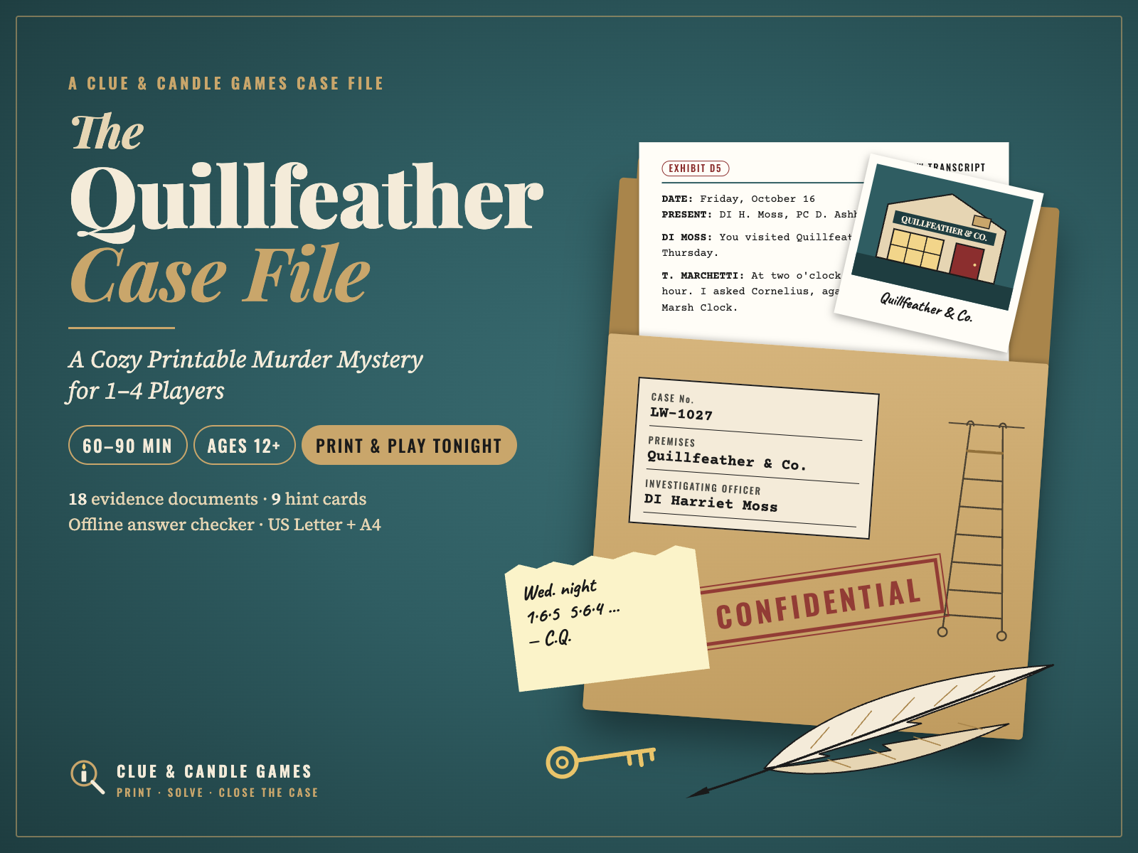 The Quillfeather Case File cover: cozy printable murder mystery case file for 1 to 4 players, 18 evidence documents, 9 hint cards, offline answer checker