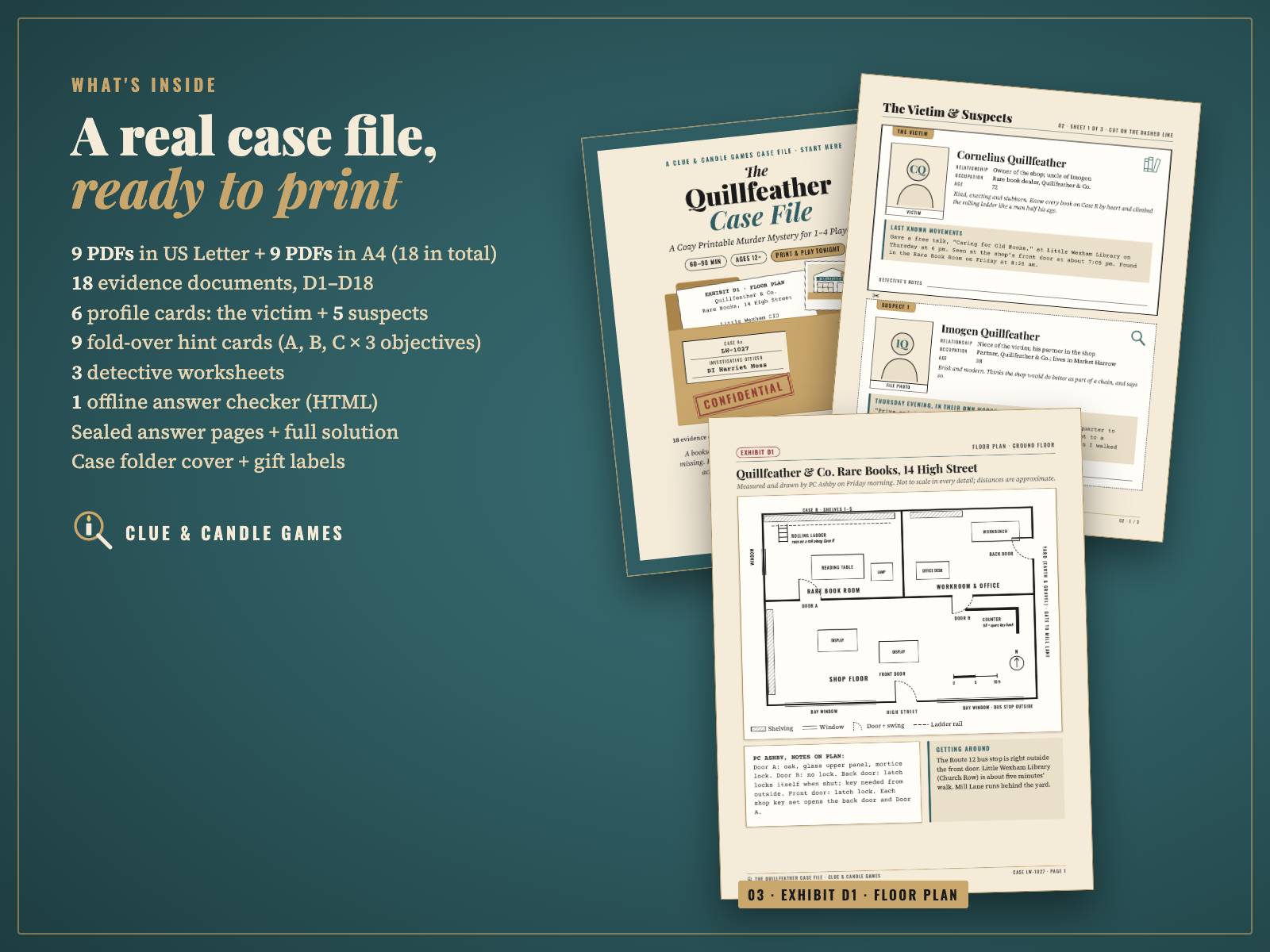 Real pages: Start Here cover, suspect profile sheet 1 and Exhibit D1 floor plan