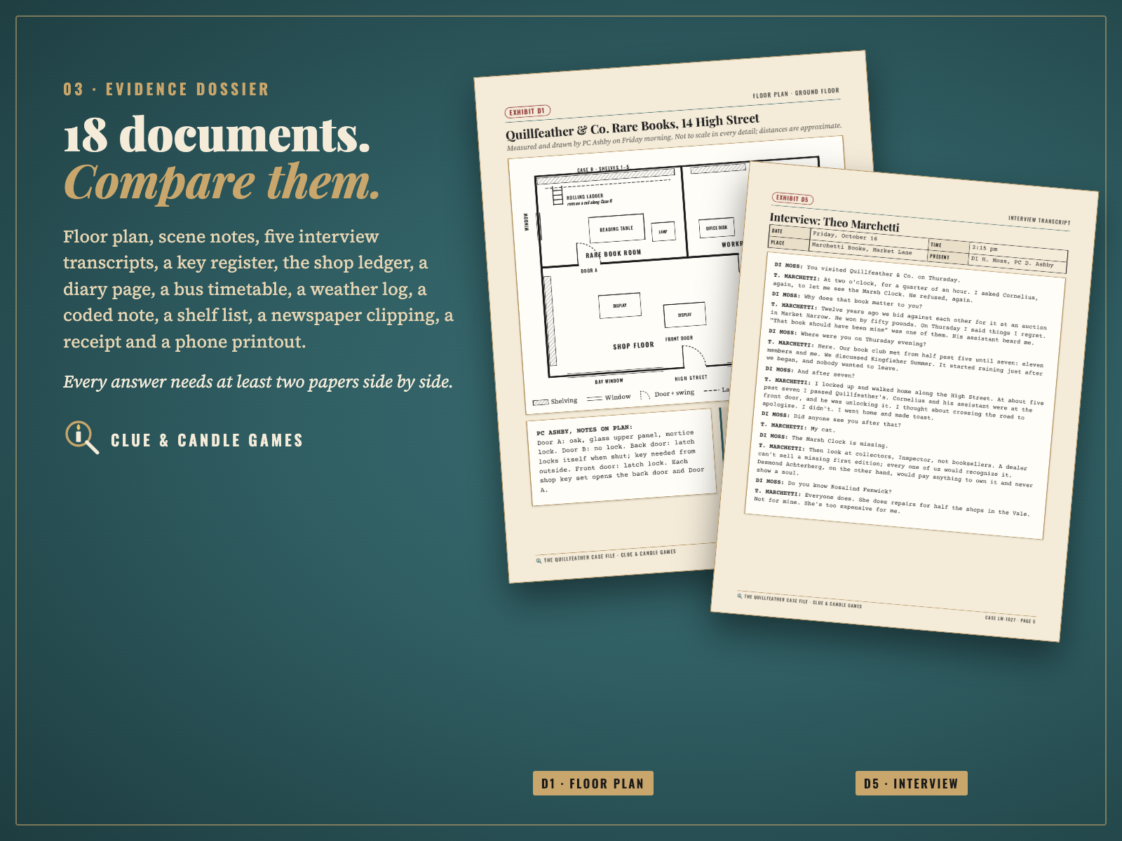 Real evidence pages: Exhibit D1 floor plan and Exhibit D5 interview transcript