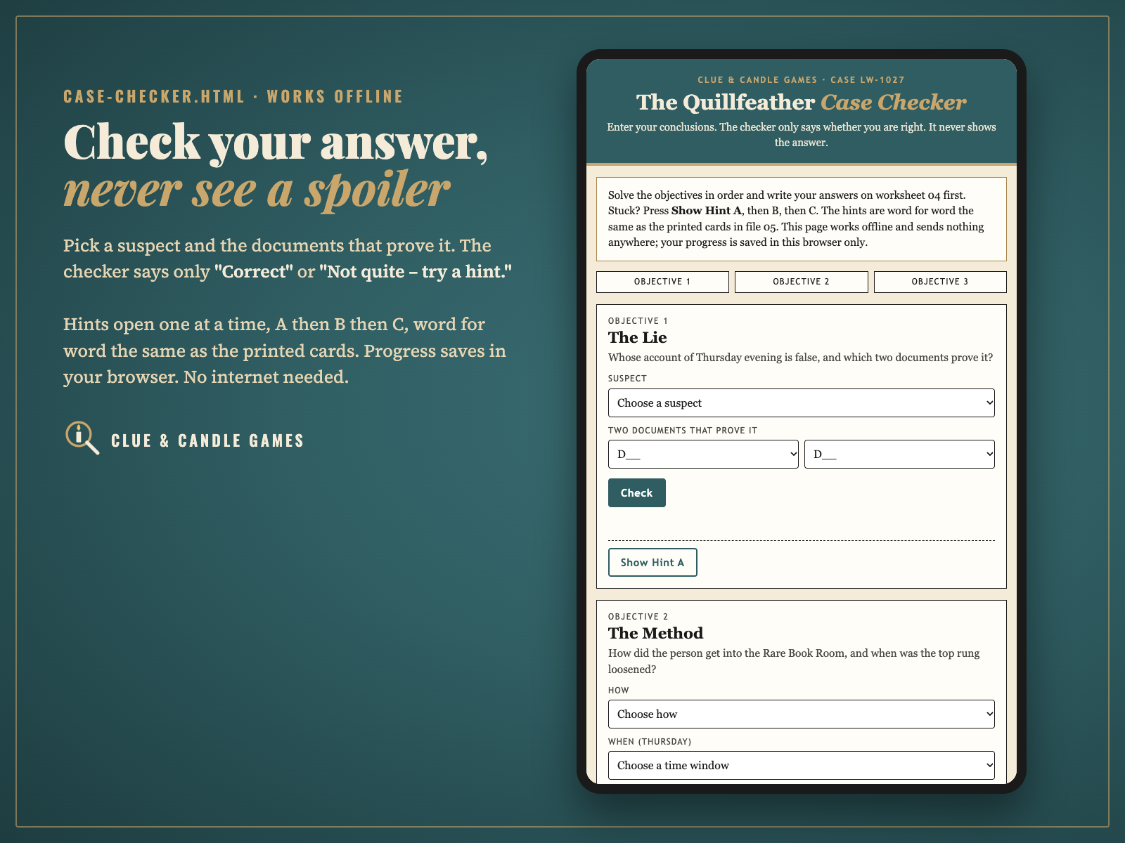 Screenshot of Case-Checker.html: choose a suspect and two documents, press Check, hints A to C