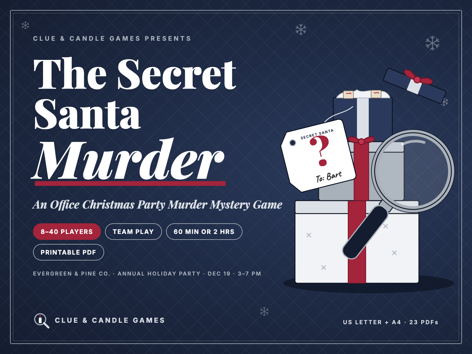 The Secret Santa Murder cover: office Christmas party murder mystery game, 8 to 40 players, team play, 60 minutes or 2 hours