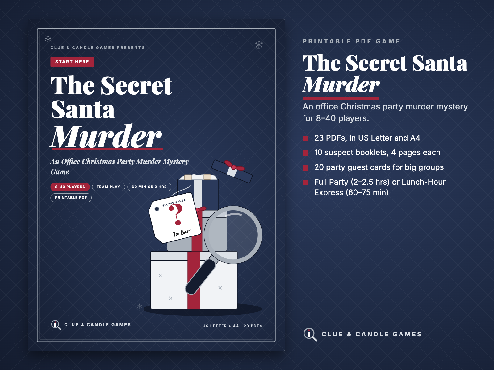 Start Here guide cover and key facts: 23 PDFs, 10 suspect booklets, 20 guest cards, two ways to play