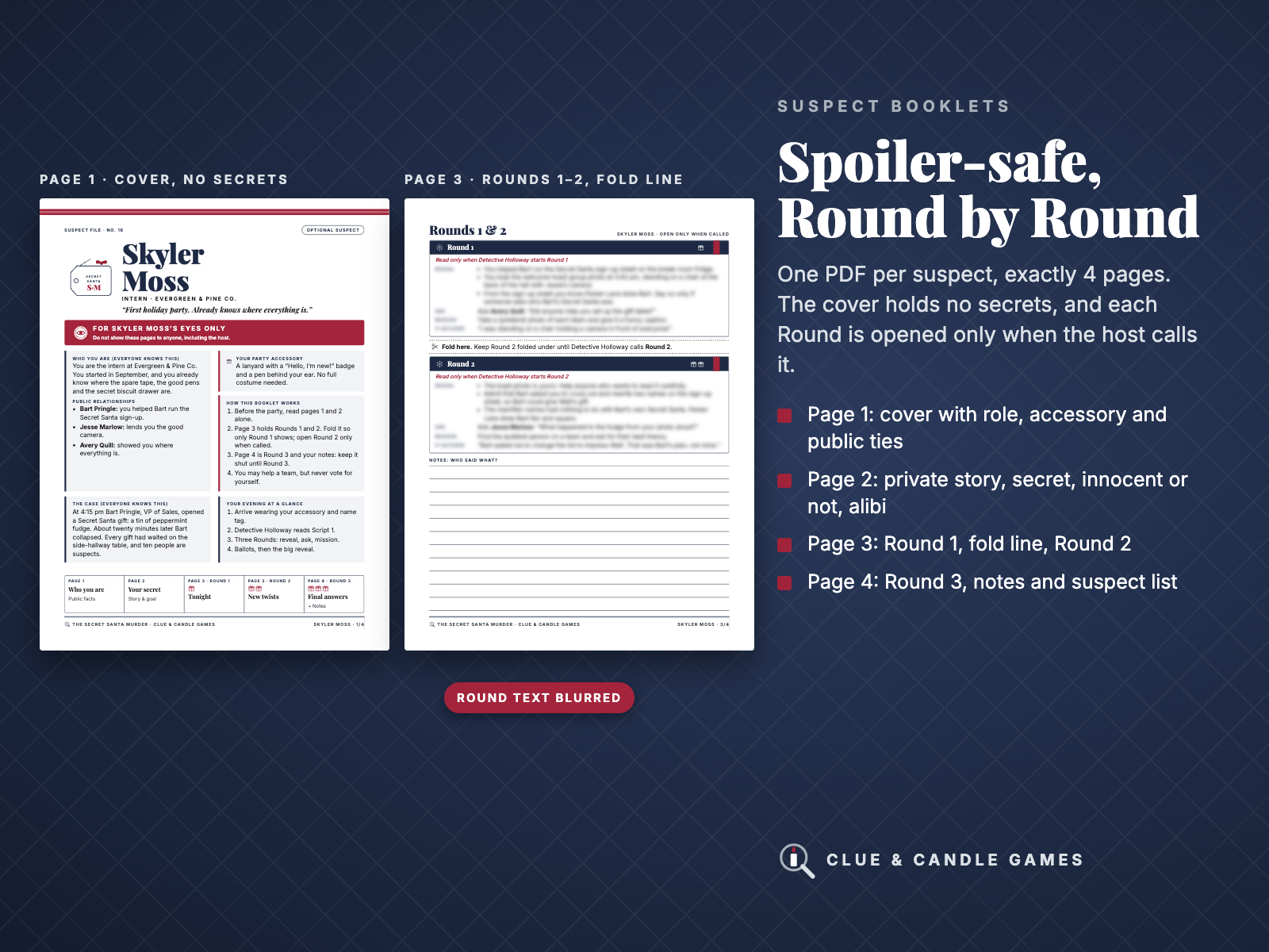 Skyler Moss suspect booklet: page 1 cover with no secrets, page 3 Rounds 1–2 with the round text blurred