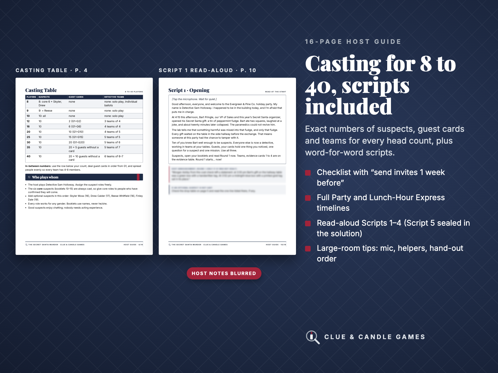 Host Guide casting table for 8 to 40 players and Script 1 read-aloud