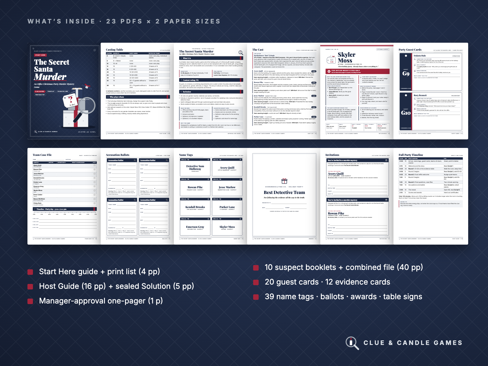 What's inside: real pages from the 23 PDFs, in 2 paper sizes
