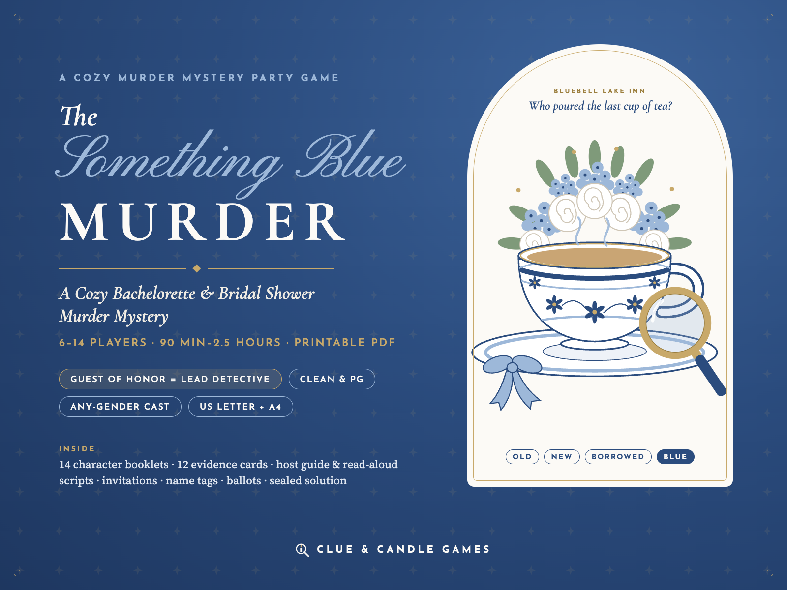 The Something Blue Murder cover: cozy bachelorette and bridal shower murder mystery, 6 to 14 players, 90 minutes to 2.5 hours, US Letter and A4