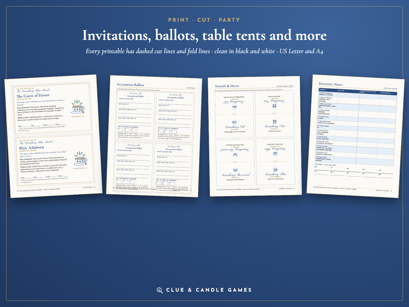 Real pages: invitations, accusation ballots, round table tents and detective notes