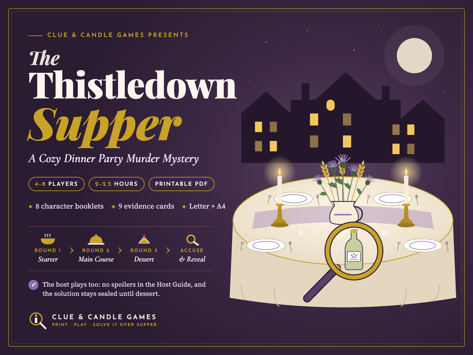 The Thistledown Supper cover: cozy dinner party murder mystery, 4 to 8 players, 2 to 2.5 hours