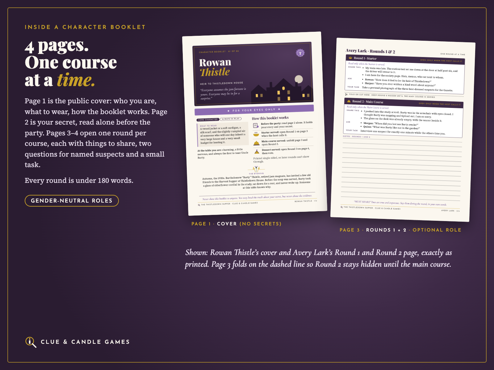 Real pages: Rowan Thistle's booklet cover (page 1) and Avery Lark's Rounds 1 and 2 page