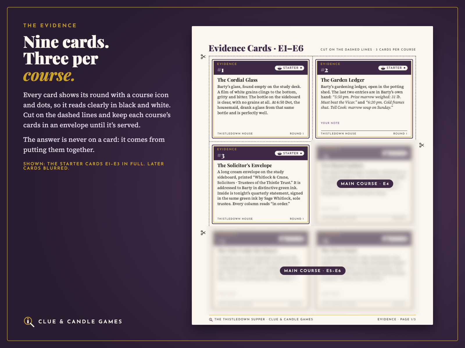 Real page: starter evidence cards E1 to E3; later cards blurred
