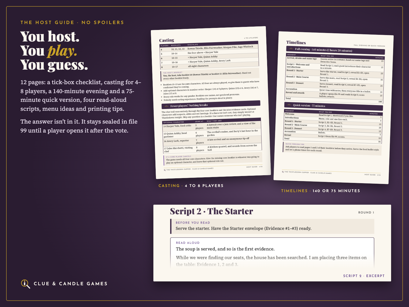 Real pages from the Host Guide: casting, timelines and Script 2